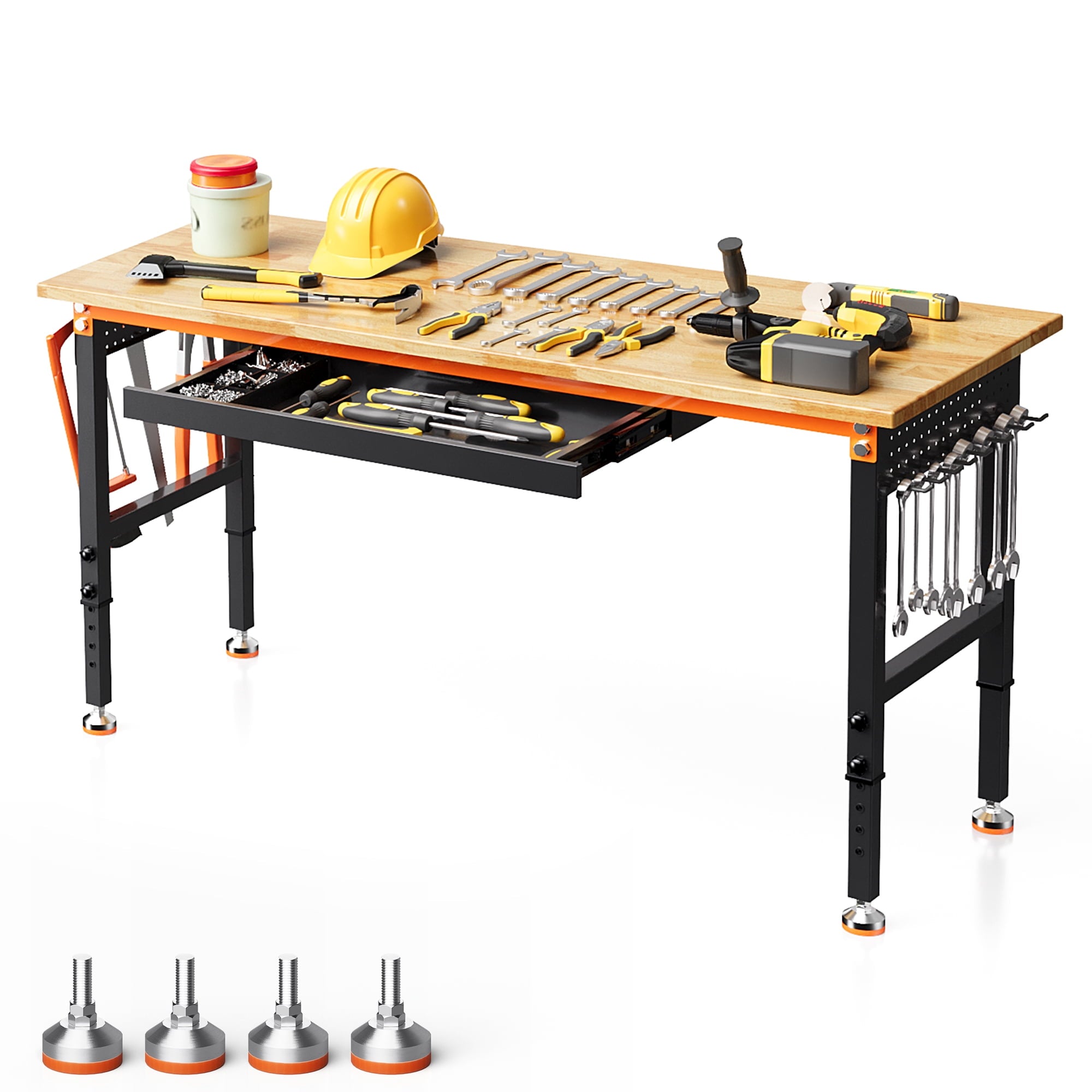Joywind 60 Heavy-Duty Adjustable Workbench with Locking Wheels, Power Strip & Pegboard – Rubber Wood Work Table for Garage, Workshop, Home Office