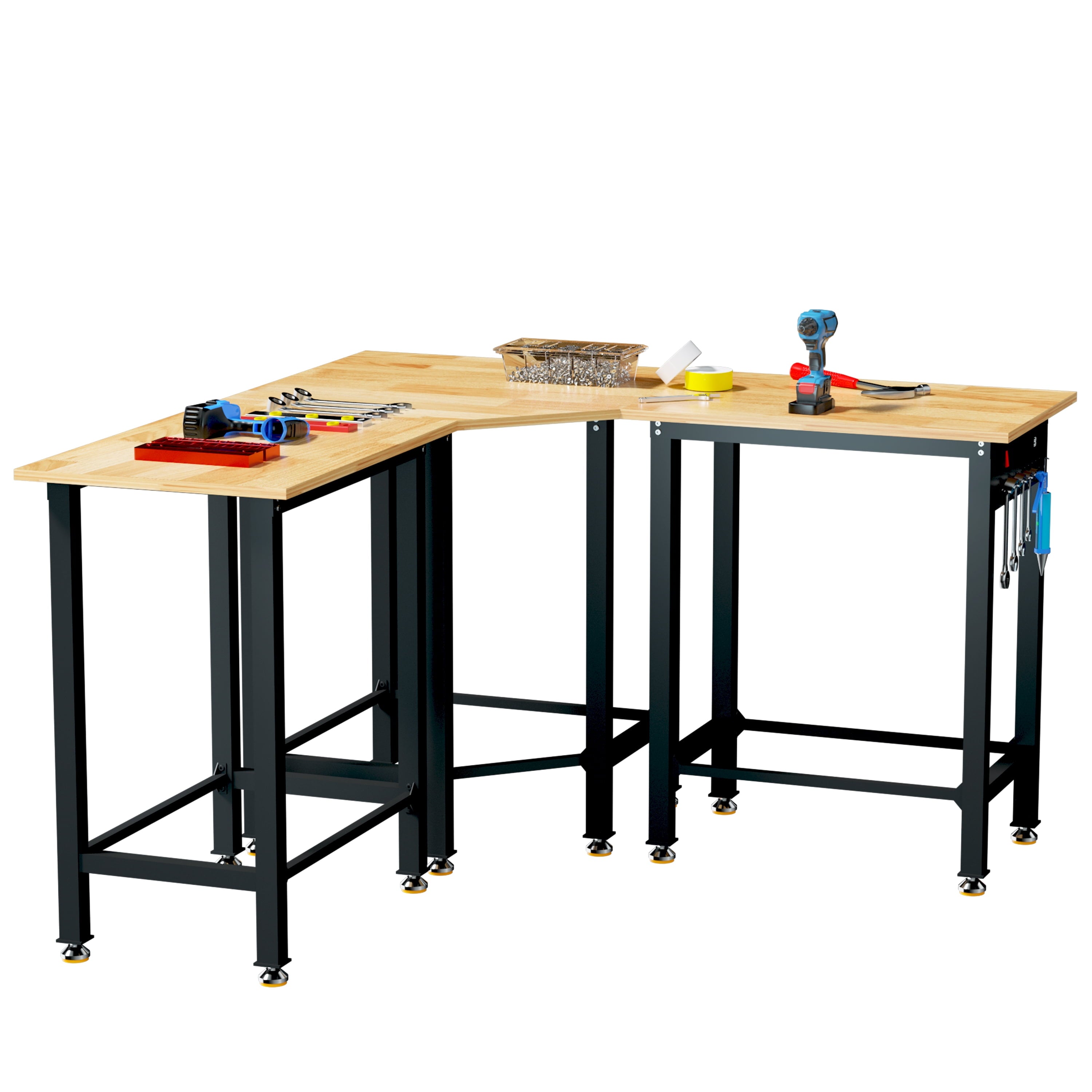 Joywind 60 Heavy-Duty Adjustable Workbench with Locking Wheels, Power Strip & Pegboard – Rubber Wood Work Table for Garage, Workshop, Home Office