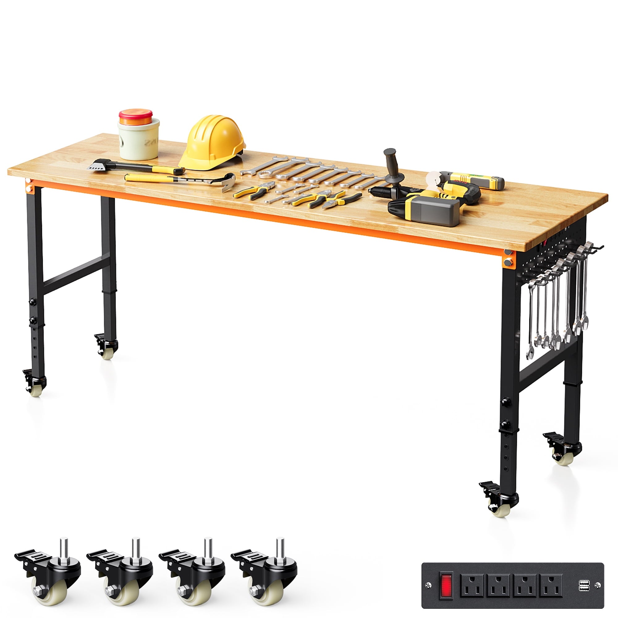 Joywind 60 Heavy-Duty Adjustable Workbench with Locking Wheels, Power Strip & Pegboard – Rubber Wood Work Table for Garage, Workshop, Home Office