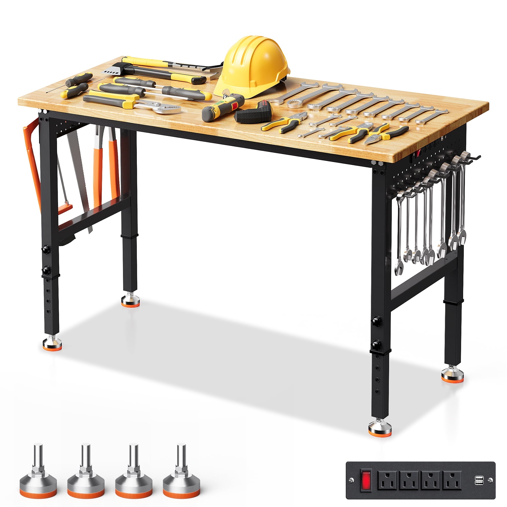 Joywind 60 Heavy-Duty Adjustable Workbench with Locking Wheels, Power Strip & Pegboard – Rubber Wood Work Table for Garage, Workshop, Home Office