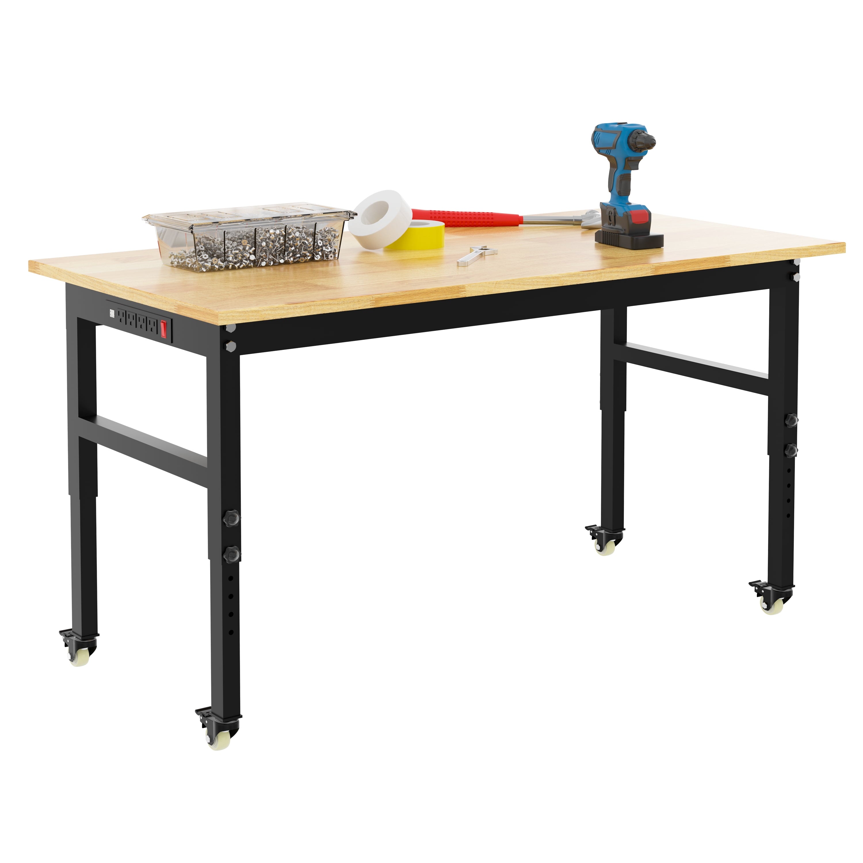 Joywind 60 Heavy-Duty Adjustable Workbench with Locking Wheels, Power Strip & Pegboard – Rubber Wood Work Table for Garage, Workshop, Home Office