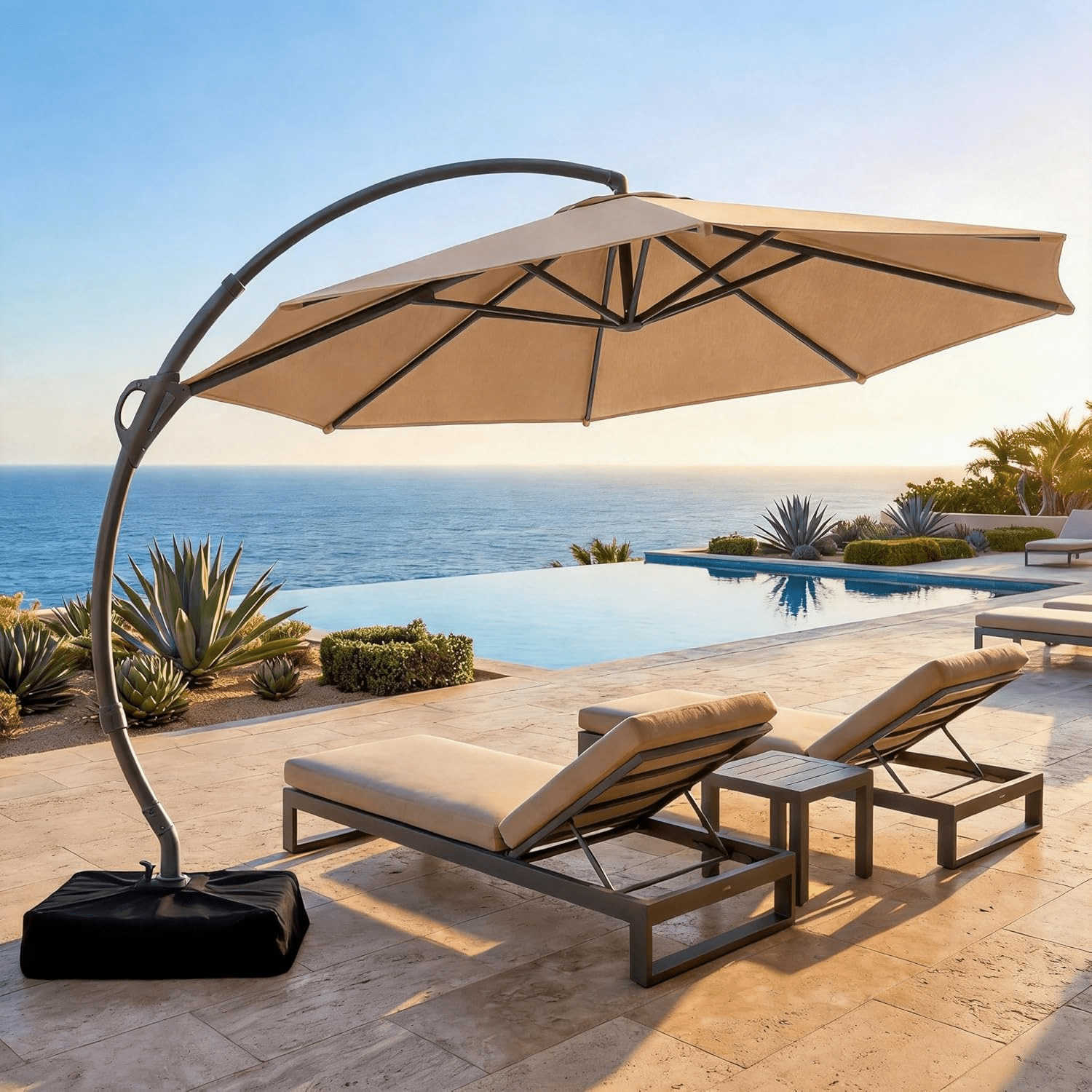KAMEROUT 11FT Patio Umbrella with Fabric Sandbag Base, Outdoor Deluxe Curvy Cantilever Umbrella for Pool Deck, Champagne