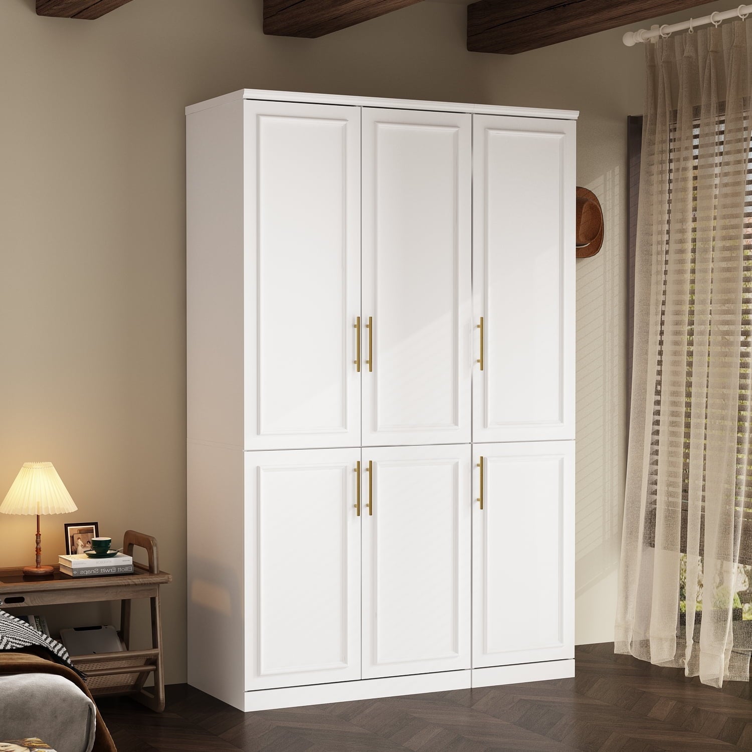 KULAGAGA Wardrobe Closet with Hanging Rod, Modern Wooden Armoire with 4 Framed Doors & 3 Large Shelves, Clothes Storage Cabinet Organizer for Bedroom Apartment, White