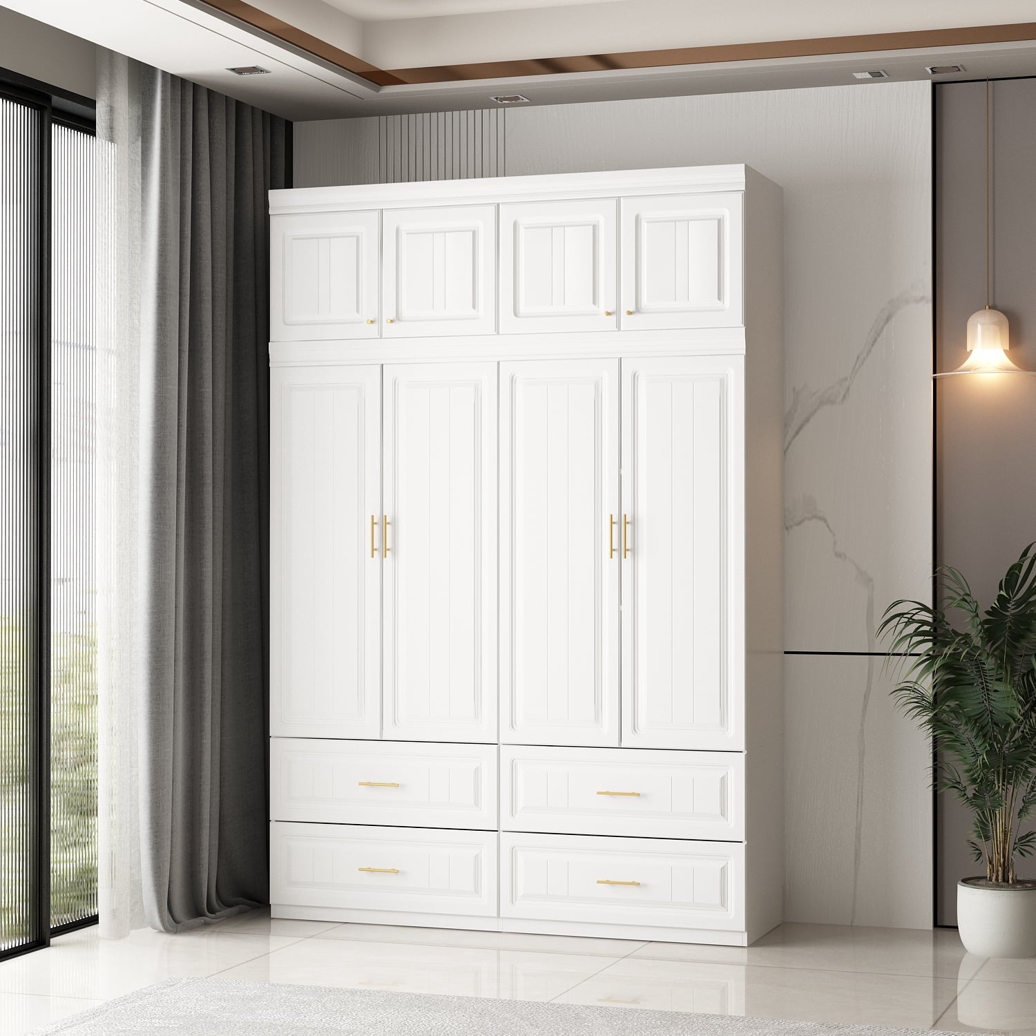 KULAGAGA 4-Door White Armoire, 63 Wide Wardrobe Storage Cabinet with Shelves and Drawers for Bedroom,74.4 H
