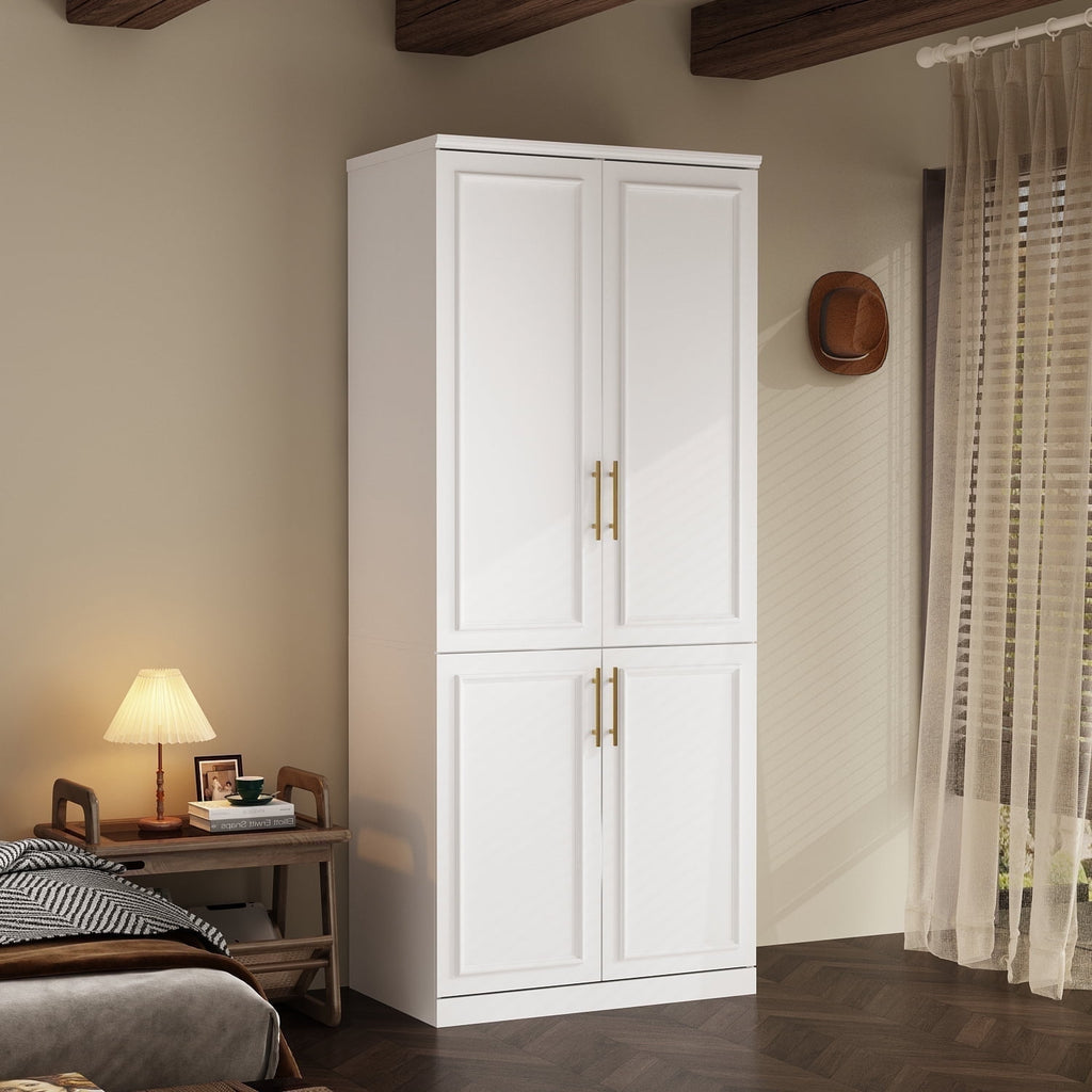 KULAGAGA Wardrobe Closet with Hanging Rod, Modern Wooden Armoire with 4 Framed Doors & 3 Large Shelves, Clothes Storage Cabinet Organizer for Bedroom Apartment, White