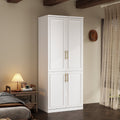 KULAGAGA Wardrobe Closet with Hanging Rod, Modern Wooden Armoire with 4 Framed Doors & 3 Large Shelves, Clothes Storage Cabinet Organizer for Bedroom Apartment, White