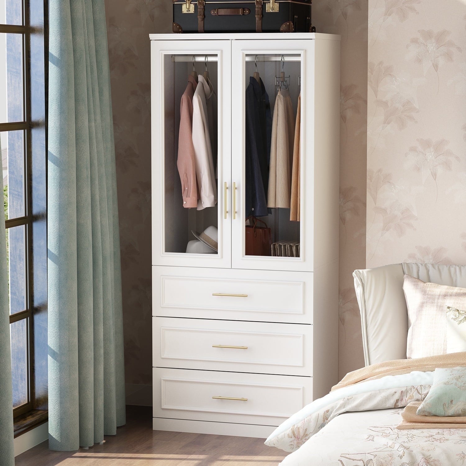 KULAGAGA Wardrobe Closet with Hanging Rod, Modern Wooden Armoire with 4 Framed Doors & 3 Large Shelves, Clothes Storage Cabinet Organizer for Bedroom Apartment, White