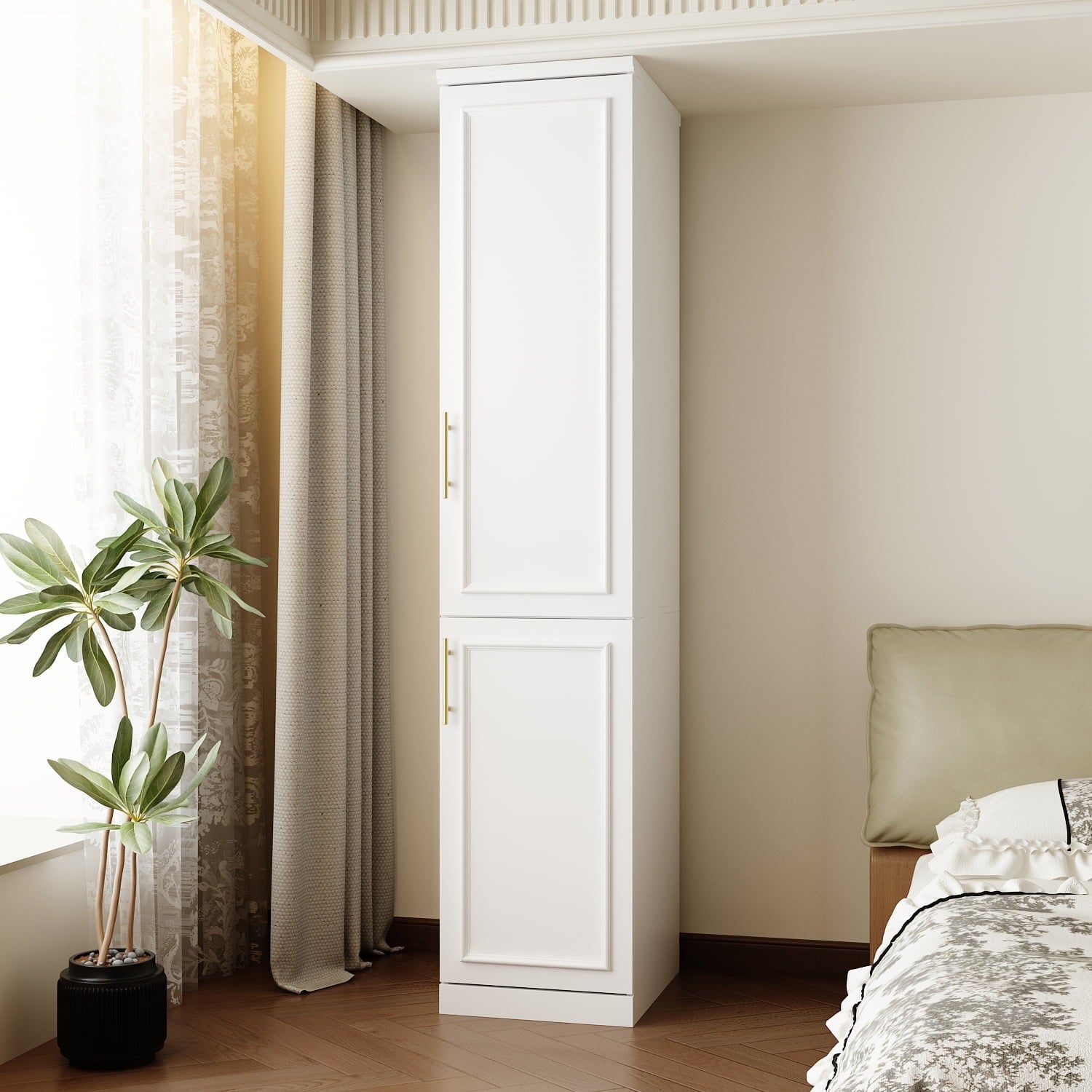 KULAGAGA Wardrobe Closet with Hanging Rod, Modern Wooden Armoire with 4 Framed Doors & 3 Large Shelves, Clothes Storage Cabinet Organizer for Bedroom Apartment, White