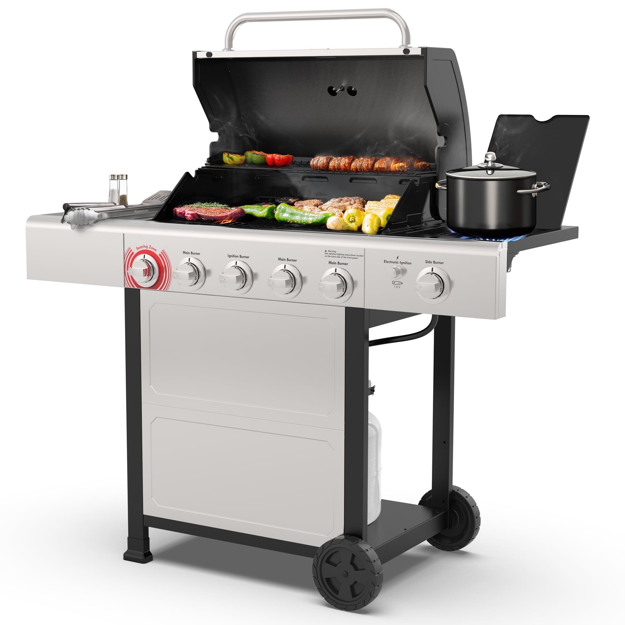 Kenmore 4-Burner Outdoor Propane Gas Grill with Side Burner, Open Cart, Stainless Steel