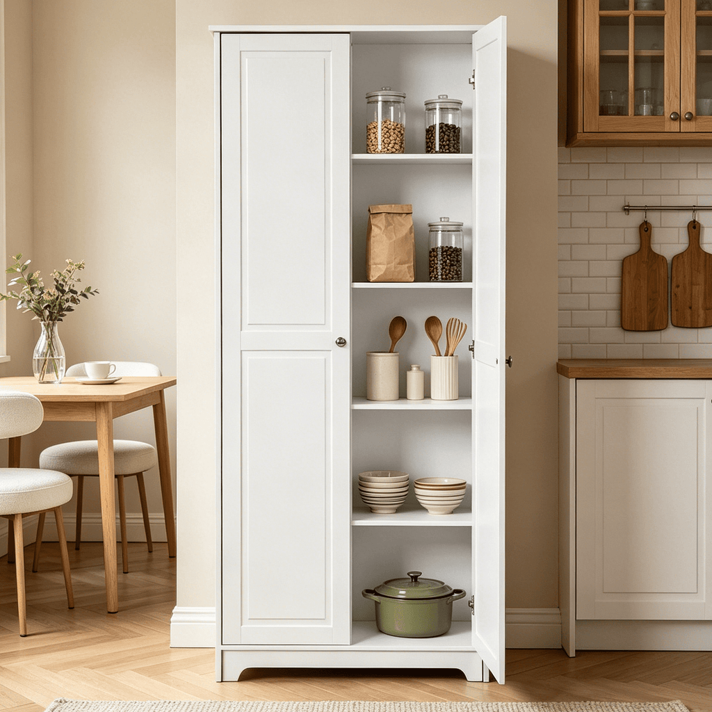 Ktaxon 72 Traditional 2-Door Kitchen Pantry, Storage Cabinet for Multifunctional Use, Wardrobe Armoire with 4 Adjustable Shelves, Tall Freestanding Cabinet for Kitchen, Dining Room, Bedroom, White