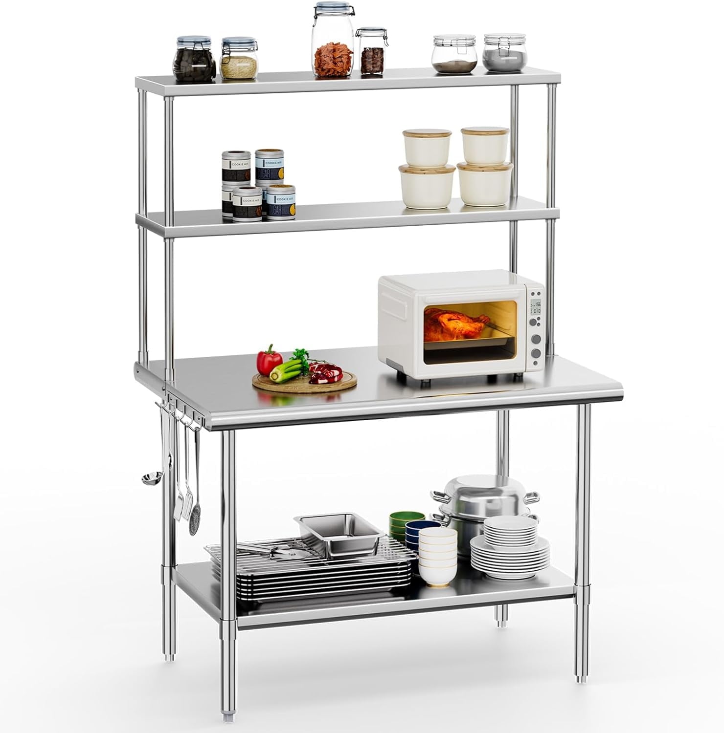 Ktaxon 72 x 30 Stainless Steel Workbench with Overshelves, NSF Commercial Heavy Duty Work Table with Adjustable Undershelf & Detachable Hooks