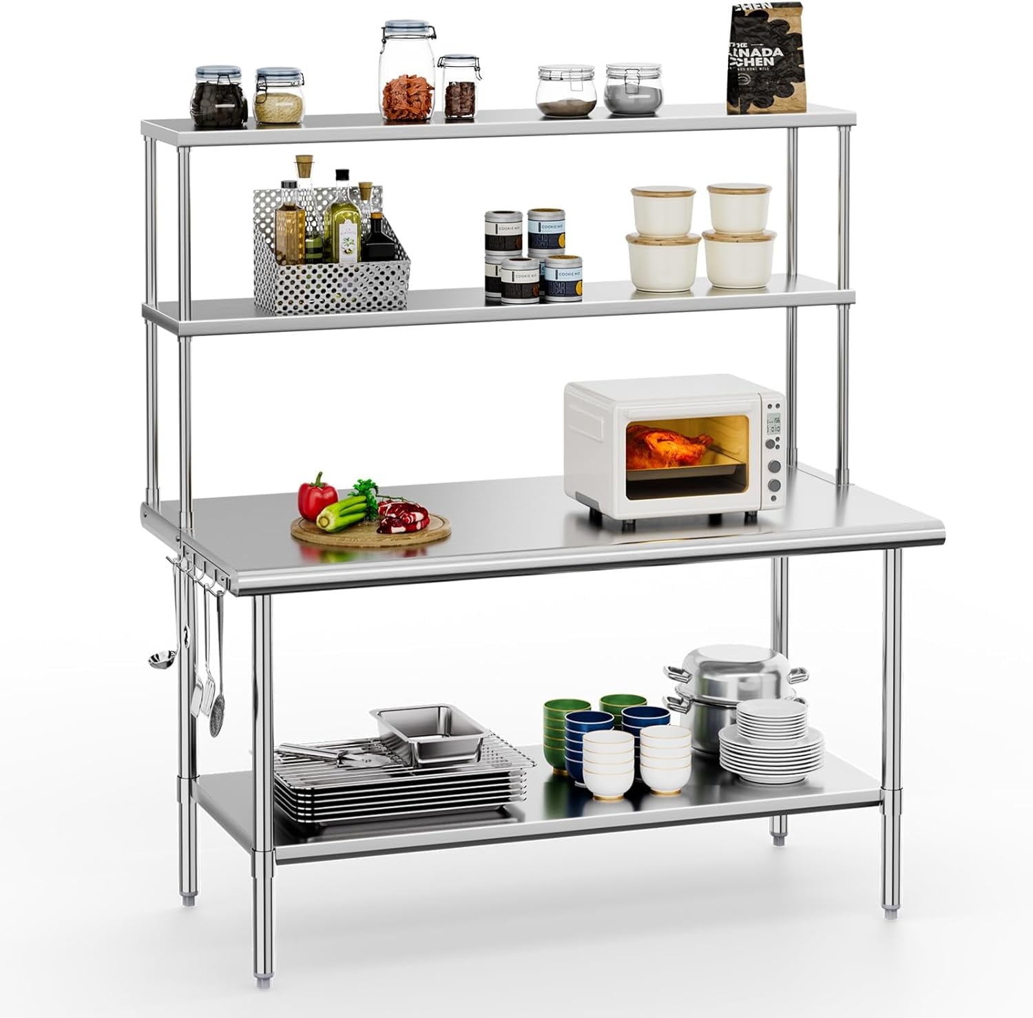 Ktaxon 72 x 30 Stainless Steel Workbench with Overshelves, NSF Commercial Heavy Duty Work Table with Adjustable Undershelf & Detachable Hooks