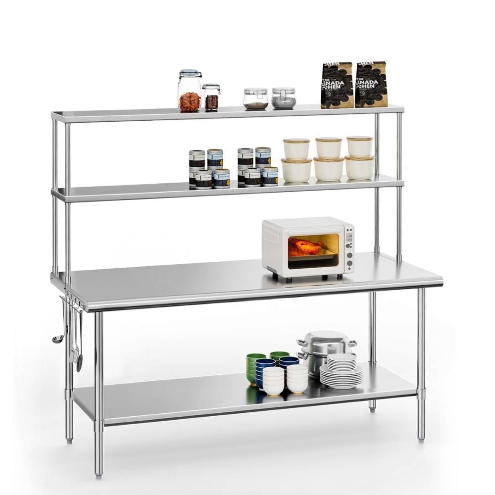 Ktaxon 72 x 30 Stainless Steel Workbench with Overshelves, NSF Commercial Heavy Duty Work Table with Adjustable Undershelf & Detachable Hooks