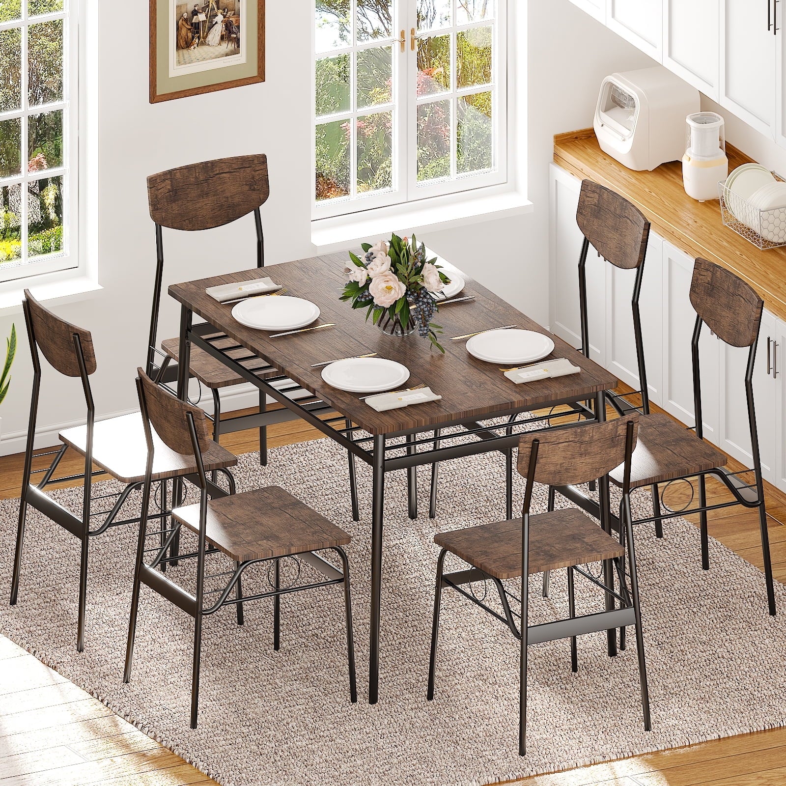Ktaxon Dining Table Set for 4/6 with Storage Racks, Dining Room Table Set for 4/6 Modern Design, Kitchen Table and Chairs for Home Kitchen, Natural Wood