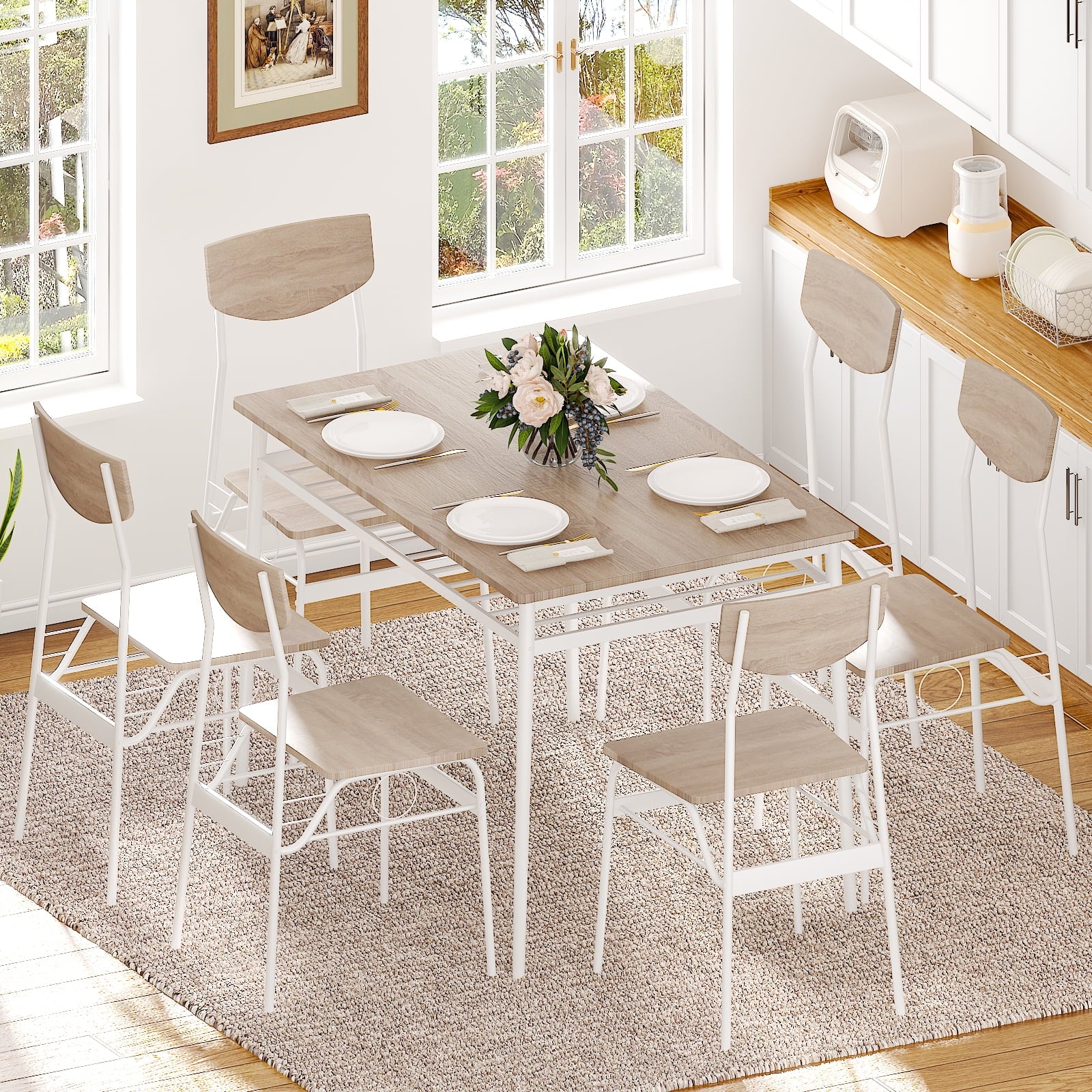 Ktaxon Dining Table Set for 4/6 with Storage Racks, Dining Room Table Set for 4/6 Modern Design, Kitchen Table and Chairs for Home Kitchen, Natural Wood