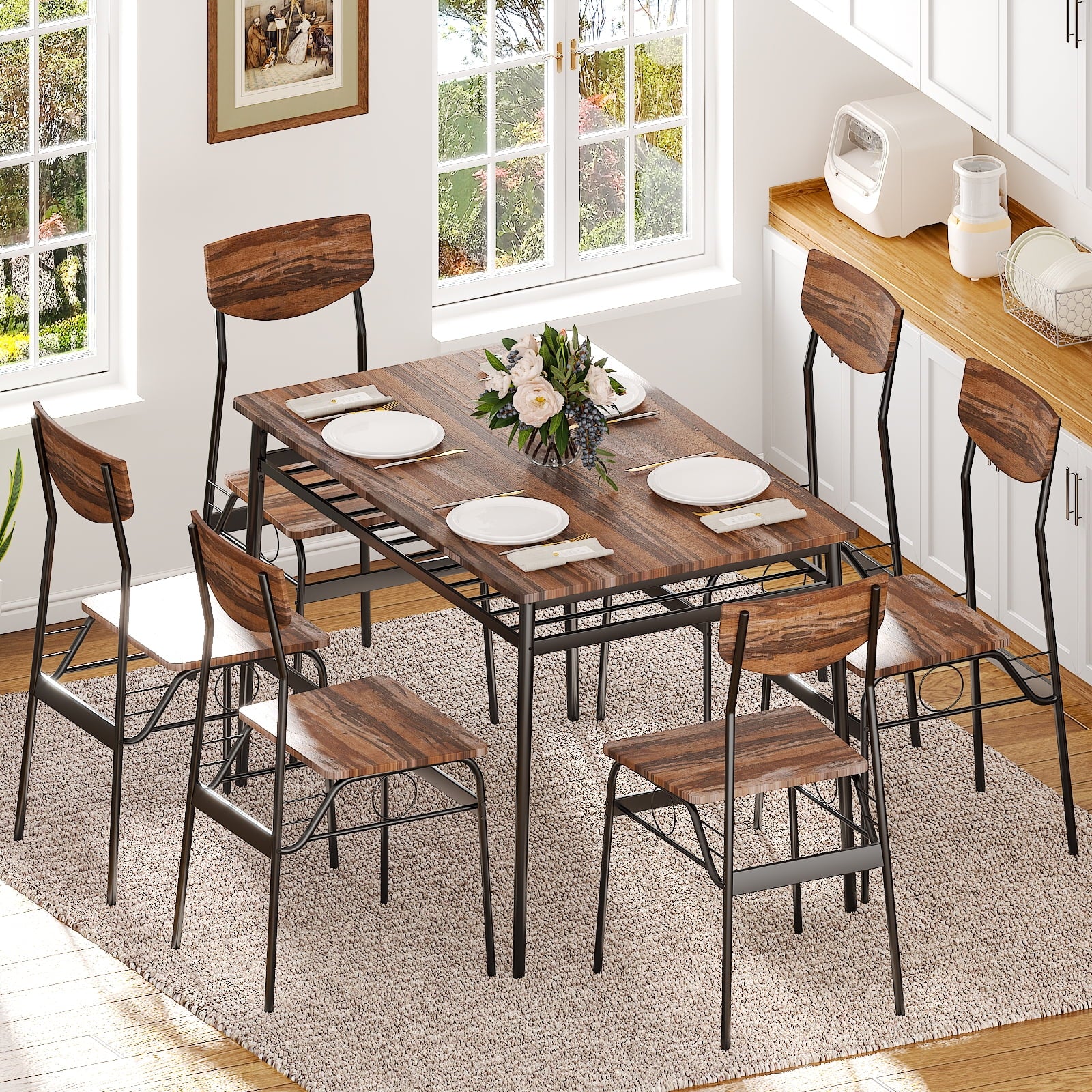 Ktaxon Dining Table Set for 4/6 with Storage Racks, Dining Room Table Set for 4/6 Modern Design, Kitchen Table and Chairs for Home Kitchen, Natural Wood