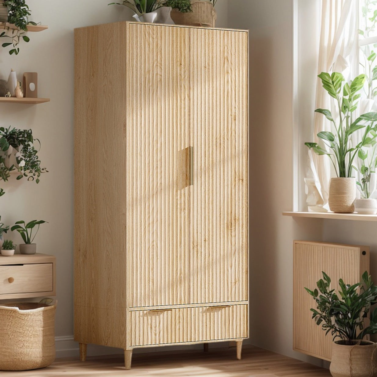 Ktaxon Wardrobe Armoire Closet with Hanging Rod, Modern Drawer & Shelf – Elegant White Finish Closet, Farmhouse to Mid-Century Style
