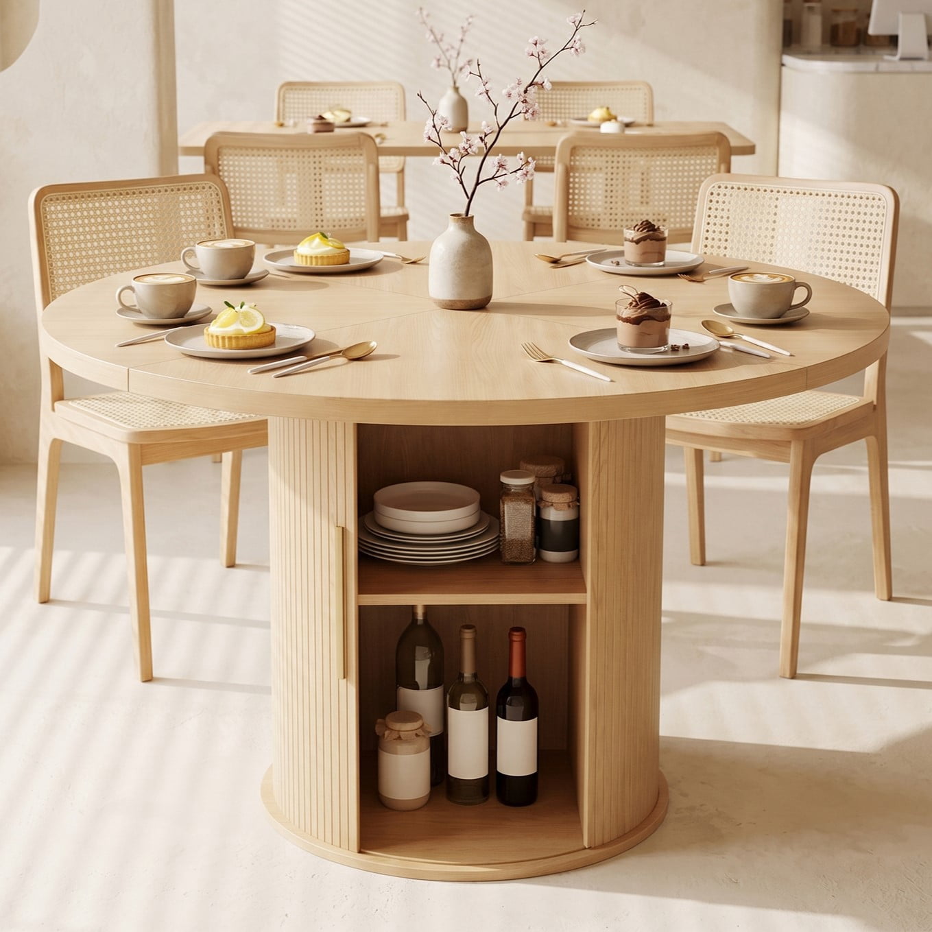 Ktaxon Mid-Century Round Dining Table for 4, 47 Modern Dining Room Table with 2-Tier Storage for Kitchen, Dining Room, Home, Oak