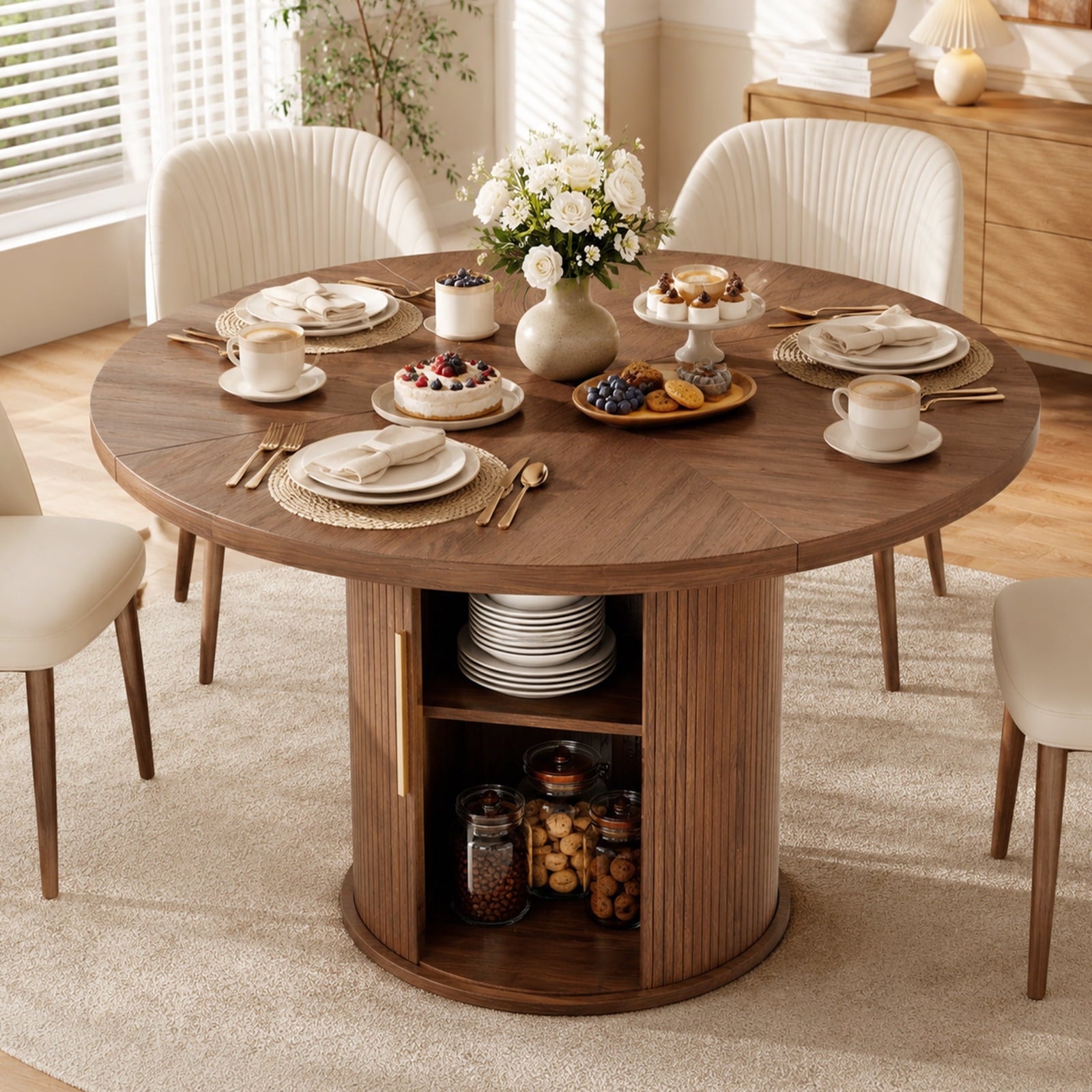 Ktaxon Mid-Century Round Dining Table for 4, 47 Modern Dining Room Table with 2-Tier Storage for Kitchen, Dining Room, Home, Oak