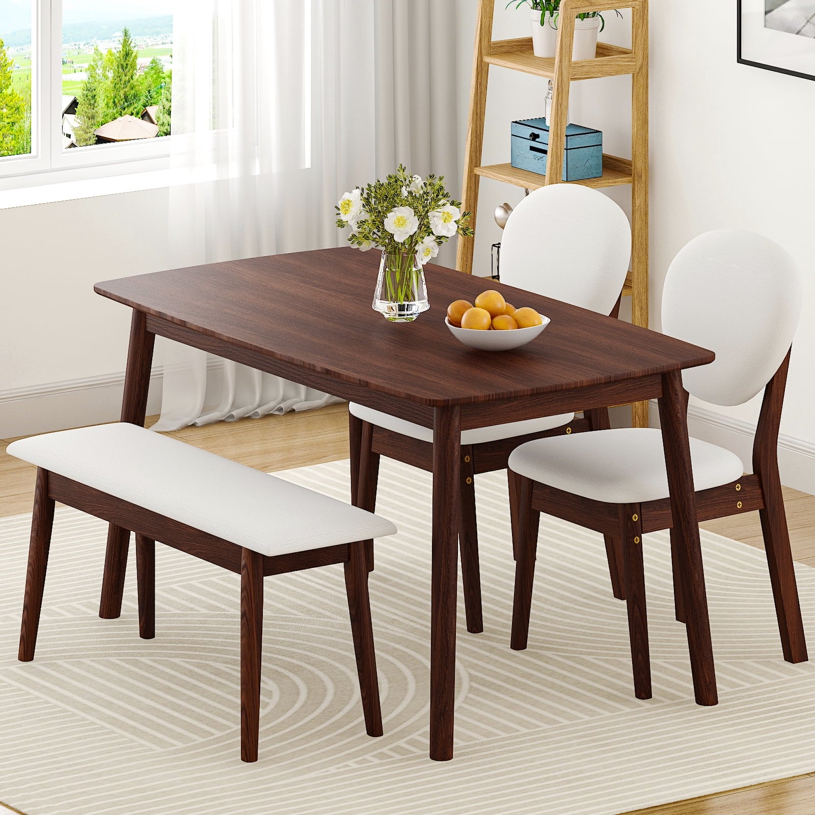Ktaxon Solid Wood Dining Table Set for 4, Mid-Century Dining Room Table with 2 Padded Chairs & Bench, 47.3 Dining Room Set for 4 Family Use, Natural