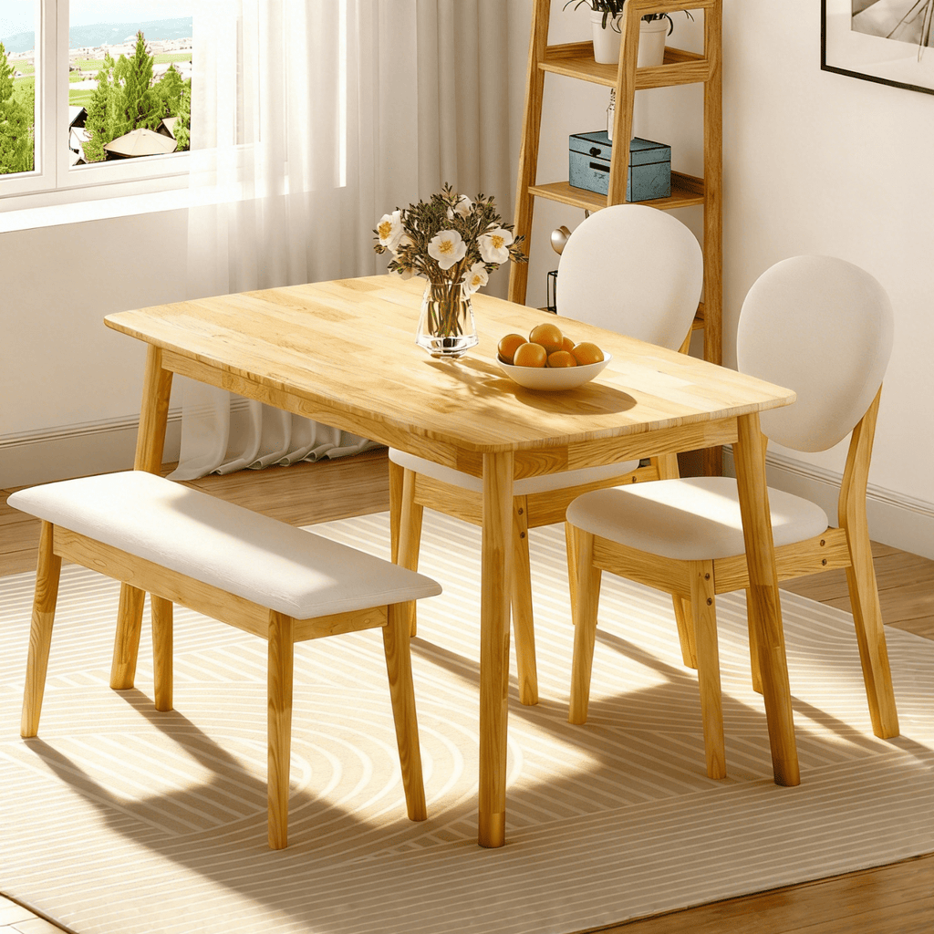 Ktaxon Solid Wood Dining Table Set for 4, Mid-Century Dining Room Table with 2 Padded Chairs & Bench, 47.3 Dining Room Set for 4 Family Use, Natural