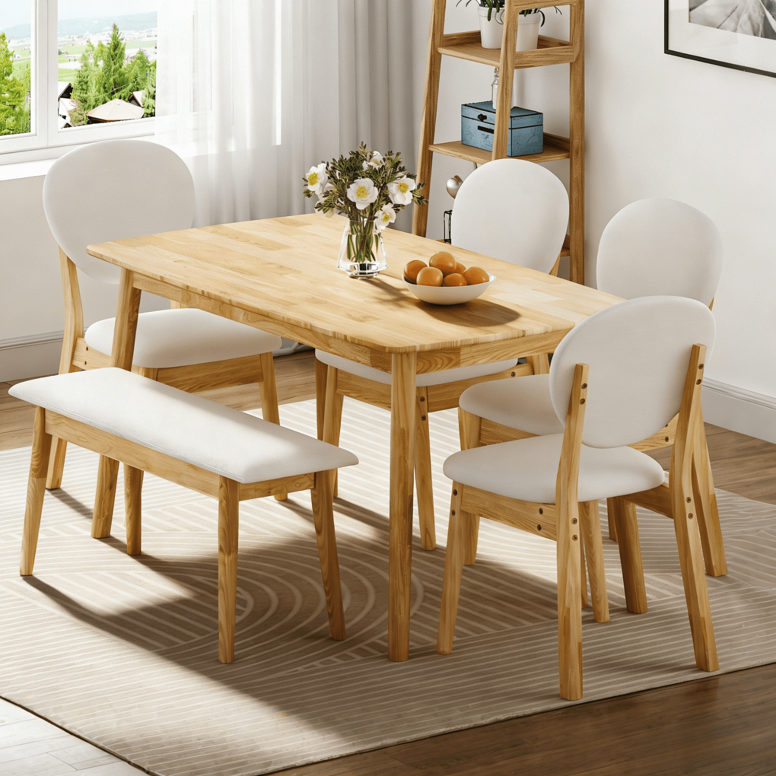 Ktaxon Solid Wood Dining Table Set for 6, Mid-Century Dining Room Table with 4 Padded Chairs & Bench, 47.3 Dining Room Set for 4~6 Family Use, Natural Wood