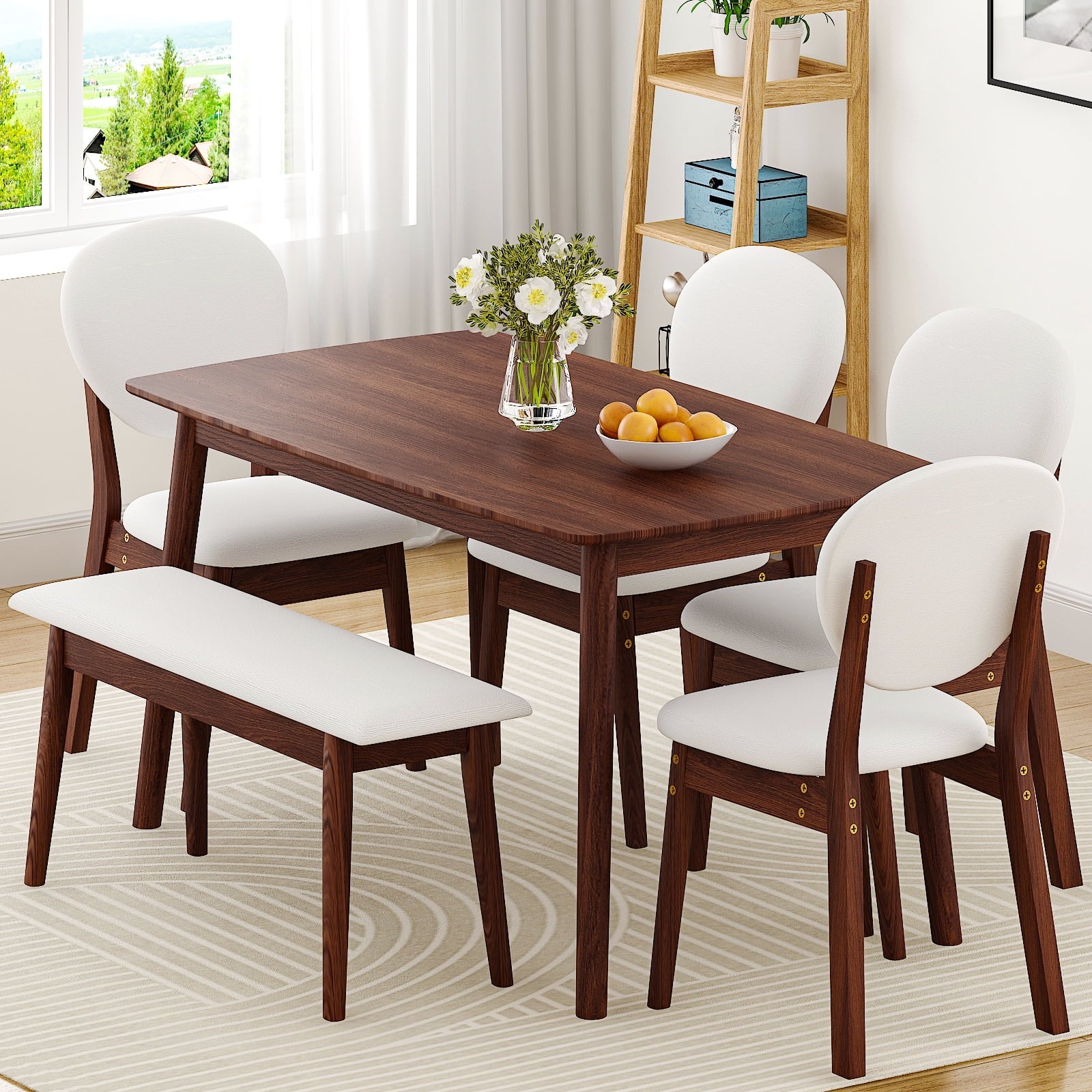 Ktaxon Solid Wood Dining Table Set for 6, Mid-Century Dining Room Table with 4 Padded Chairs & Bench, 47.3 Dining Room Set for 4~6 Family Use, Natural Wood