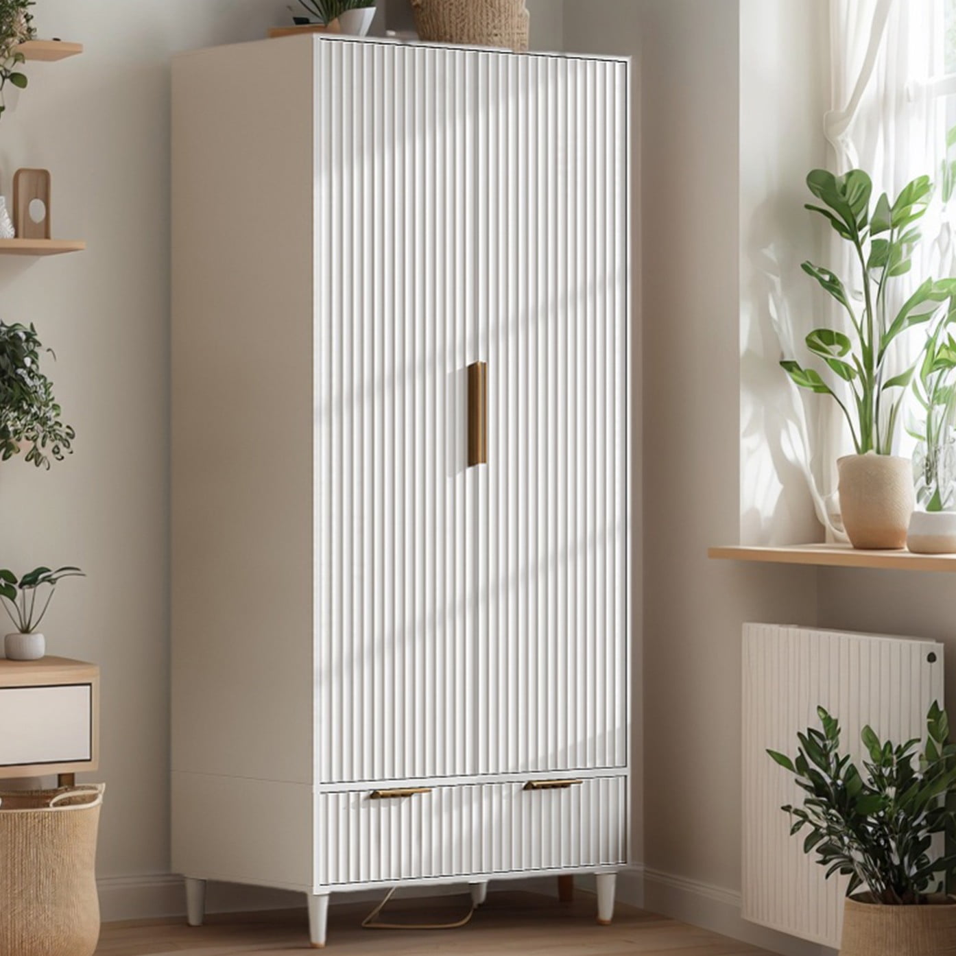 Ktaxon Wardrobe Armoire Closet with Hanging Rod, Modern Drawer & Shelf – Elegant White Finish Closet, Farmhouse to Mid-Century Style