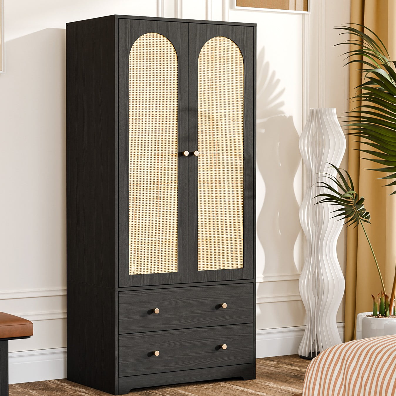 Ktaxon Wardrobe Armoire Closet with Hanging Rod, Modern Drawer & Shelf – Elegant White Finish Closet, Farmhouse to Mid-Century Style