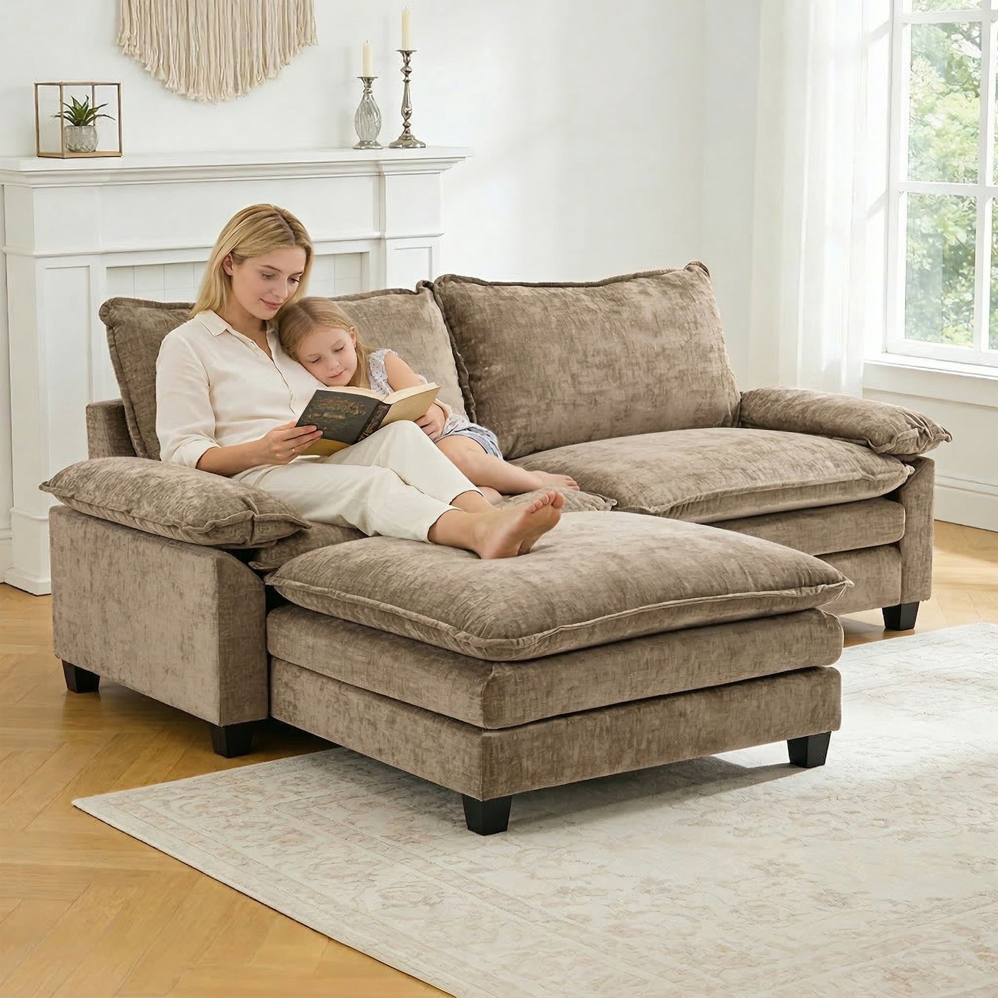 Ktaxon Sectional Sofa L Shaped Couch with Chaise Living Room Sleeper Set, 2 Seats with Chenille and Double Layer Cushions 86 W Beige