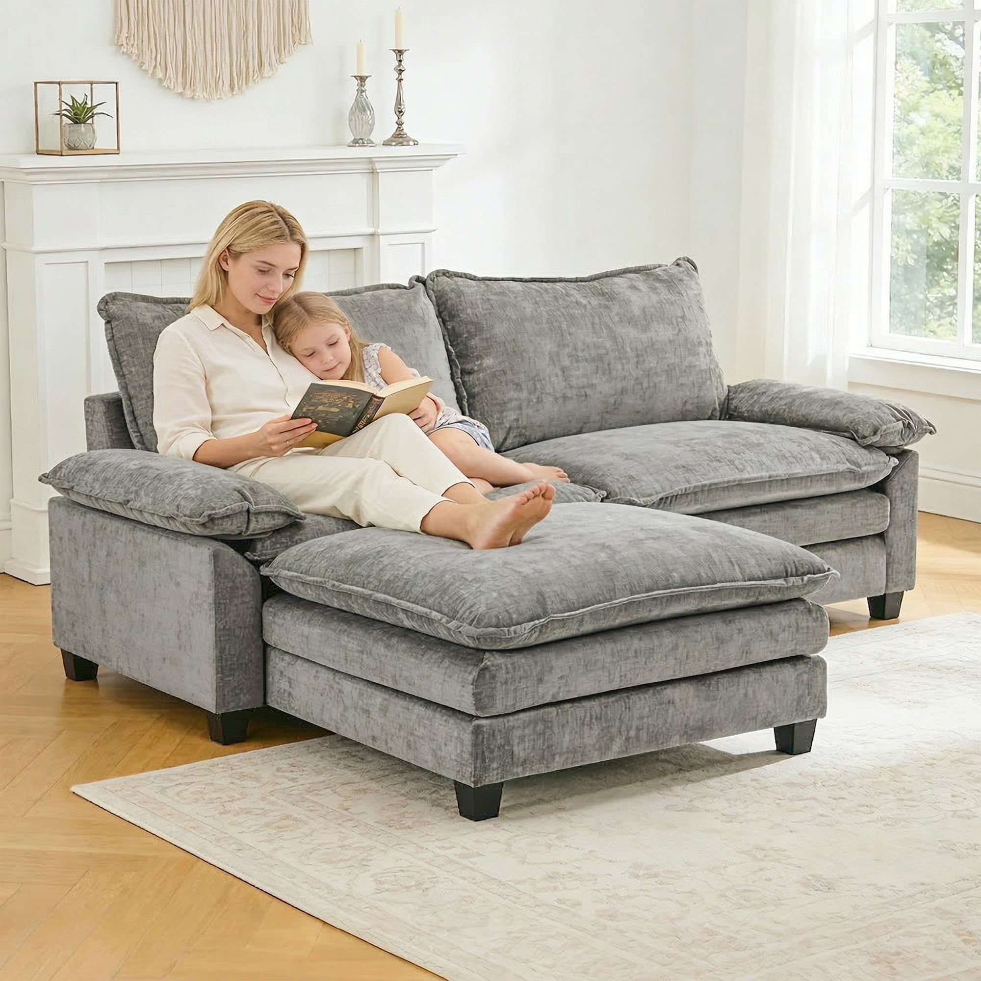 Ktaxon Sectional Sofa L Shaped Couch with Chaise Living Room Sleeper Set, 2 Seats with Chenille and Double Layer Cushions 86 W Beige