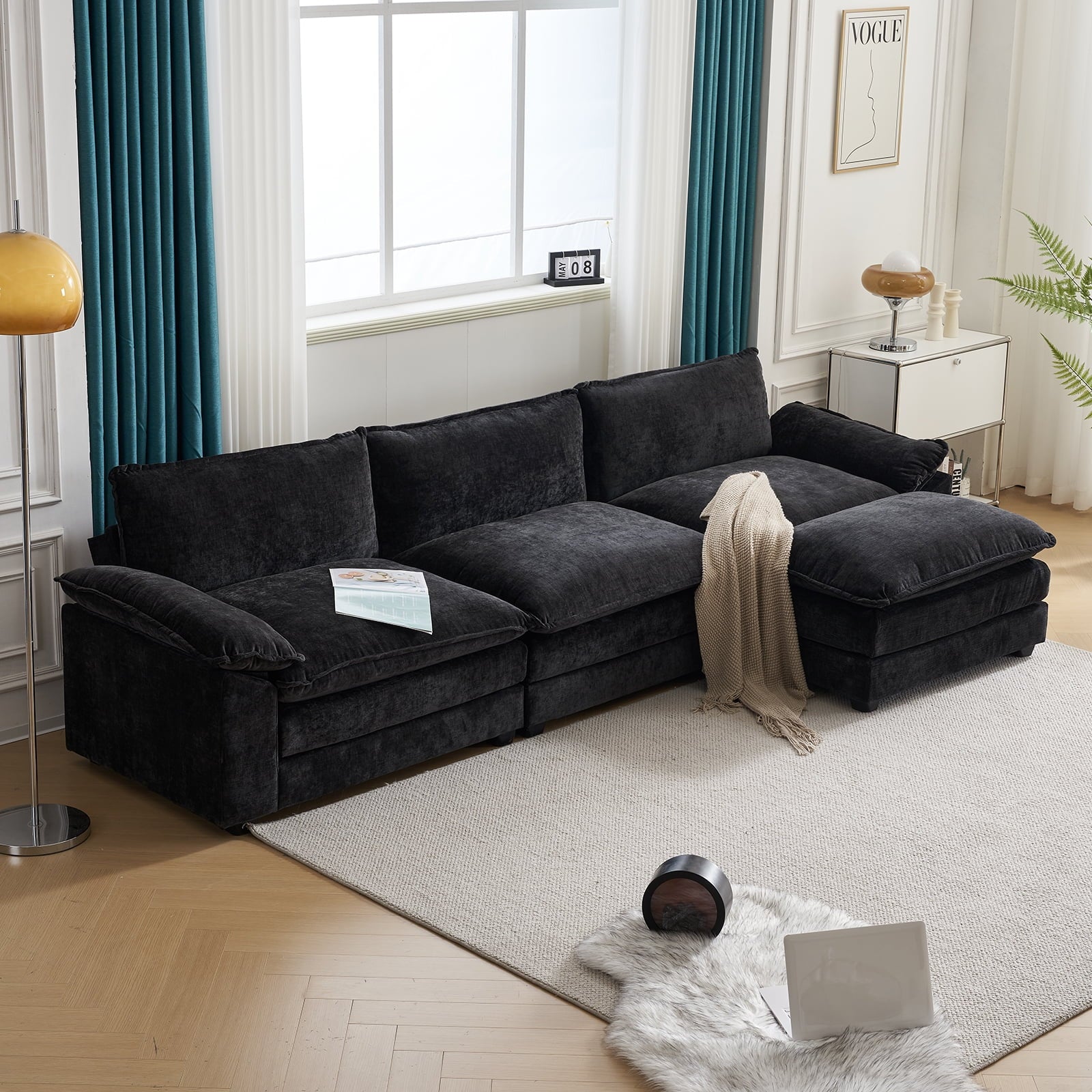 Ktaxon Sectional Sofa L Shaped Couch with Chaise Living Room Sleeper Set, 2 Seats with Chenille and Double Layer Cushions 86 W Beige