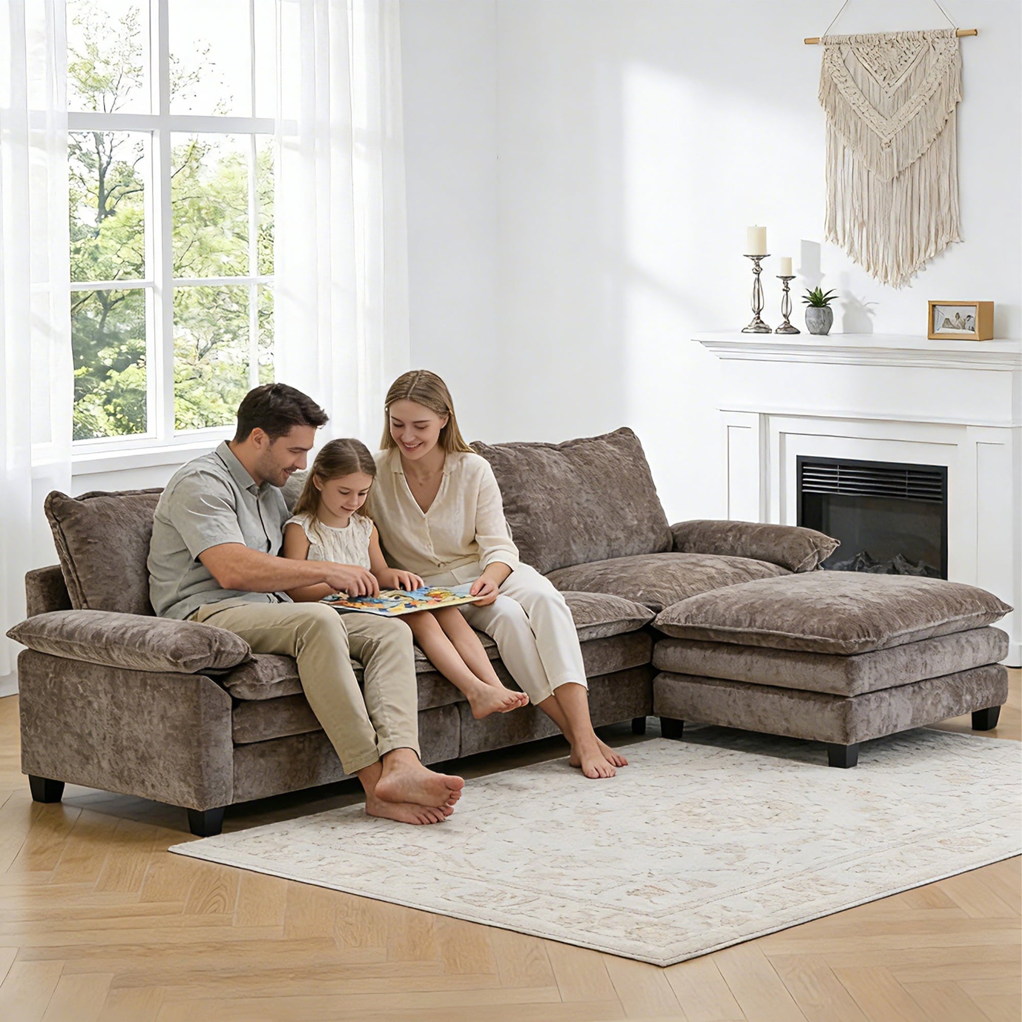 Ktaxon Sectional Sofa L Shaped Couch with Chaise Living Room Sleeper Set, 2 Seats with Chenille and Double Layer Cushions 86 W Beige