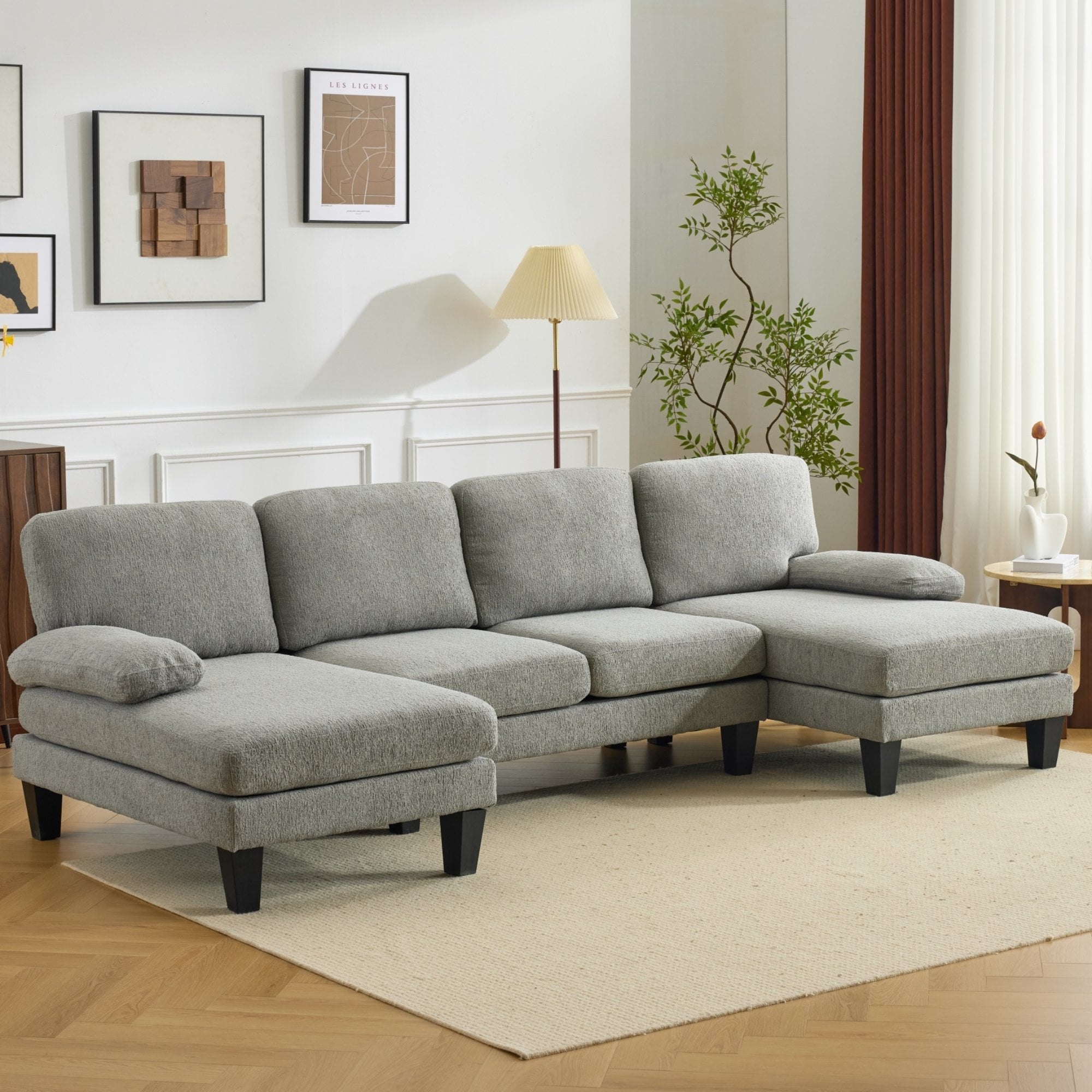 Ktaxon U-Shaped Sectional Sofa Set with Chaise, 4-Seater Blended Chenille Couch for Living Room, Apartment, Easy Assembly Khaki