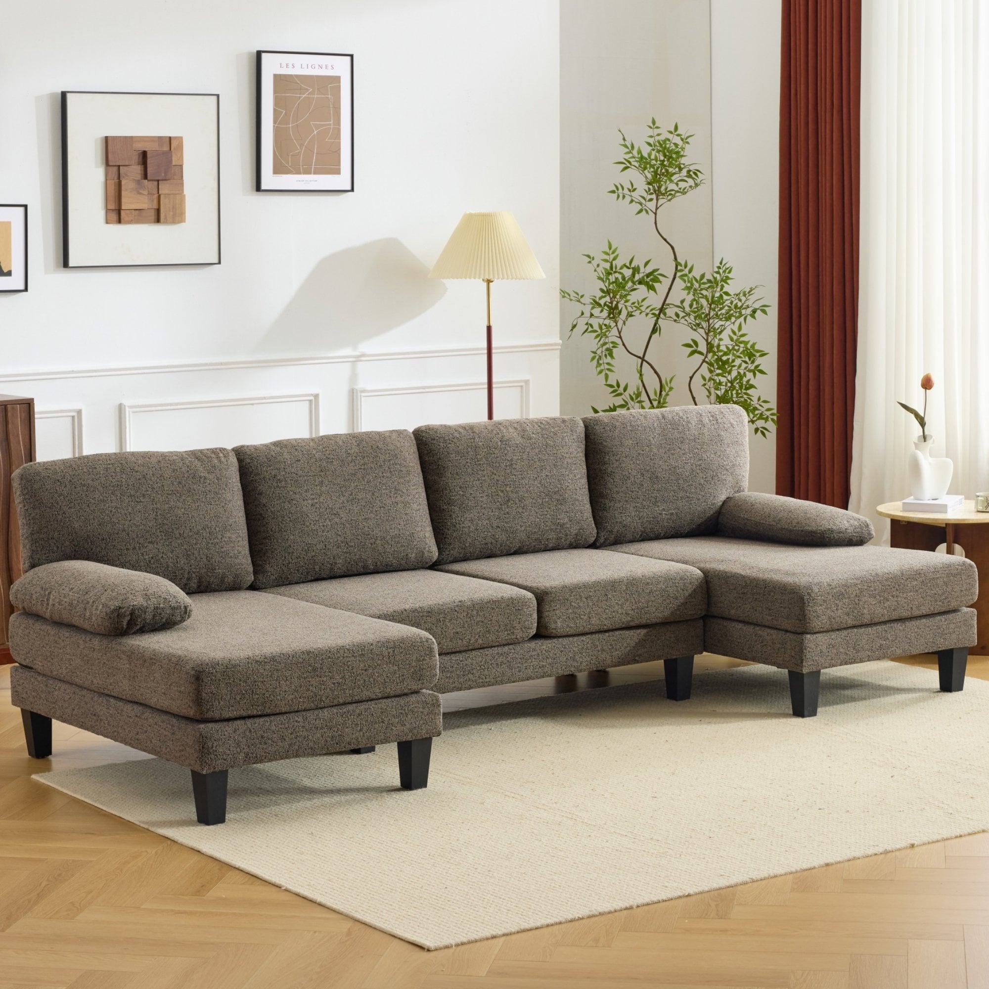 Ktaxon U-Shaped Sectional Sofa Set with Chaise, 4-Seater Blended Chenille Couch for Living Room, Apartment, Easy Assembly Khaki