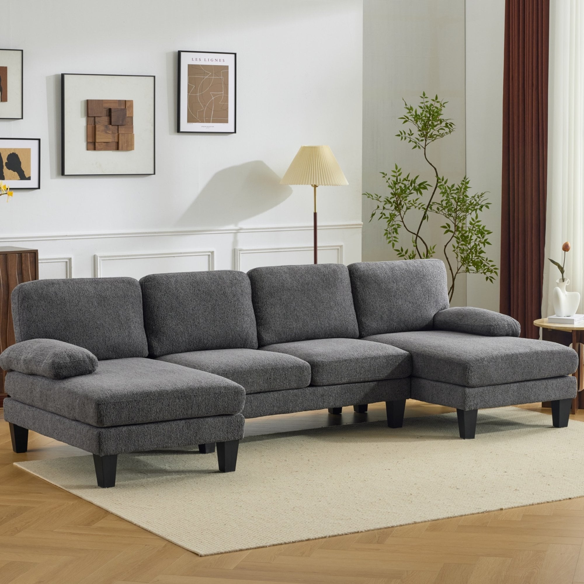 Ktaxon U-Shaped Sectional Sofa Set with Chaise, 4-Seater Blended Chenille Couch for Living Room, Apartment, Easy Assembly Khaki
