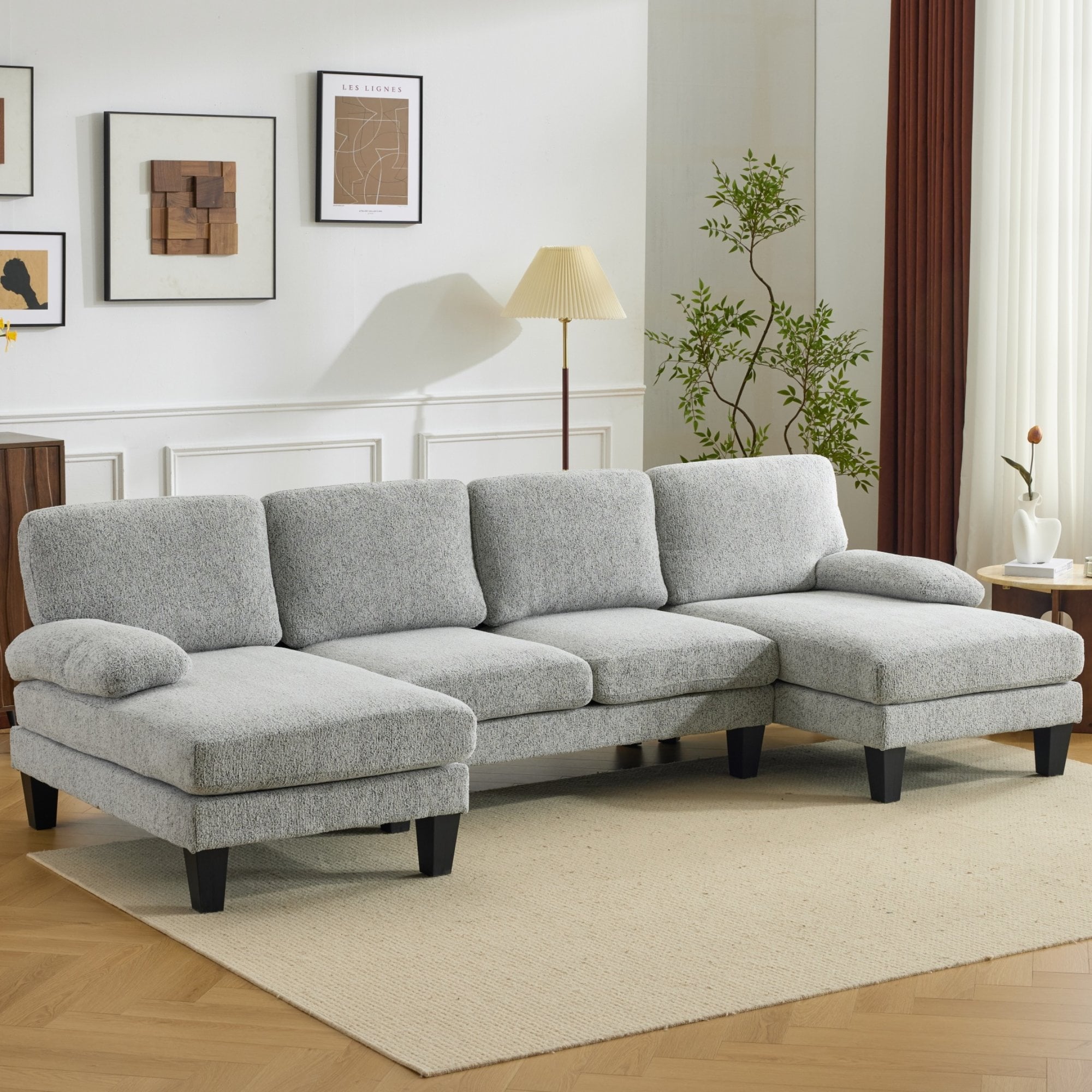 Ktaxon U-Shaped Sectional Sofa Set with Chaise, 4-Seater Blended Chenille Couch for Living Room, Apartment, Easy Assembly Khaki