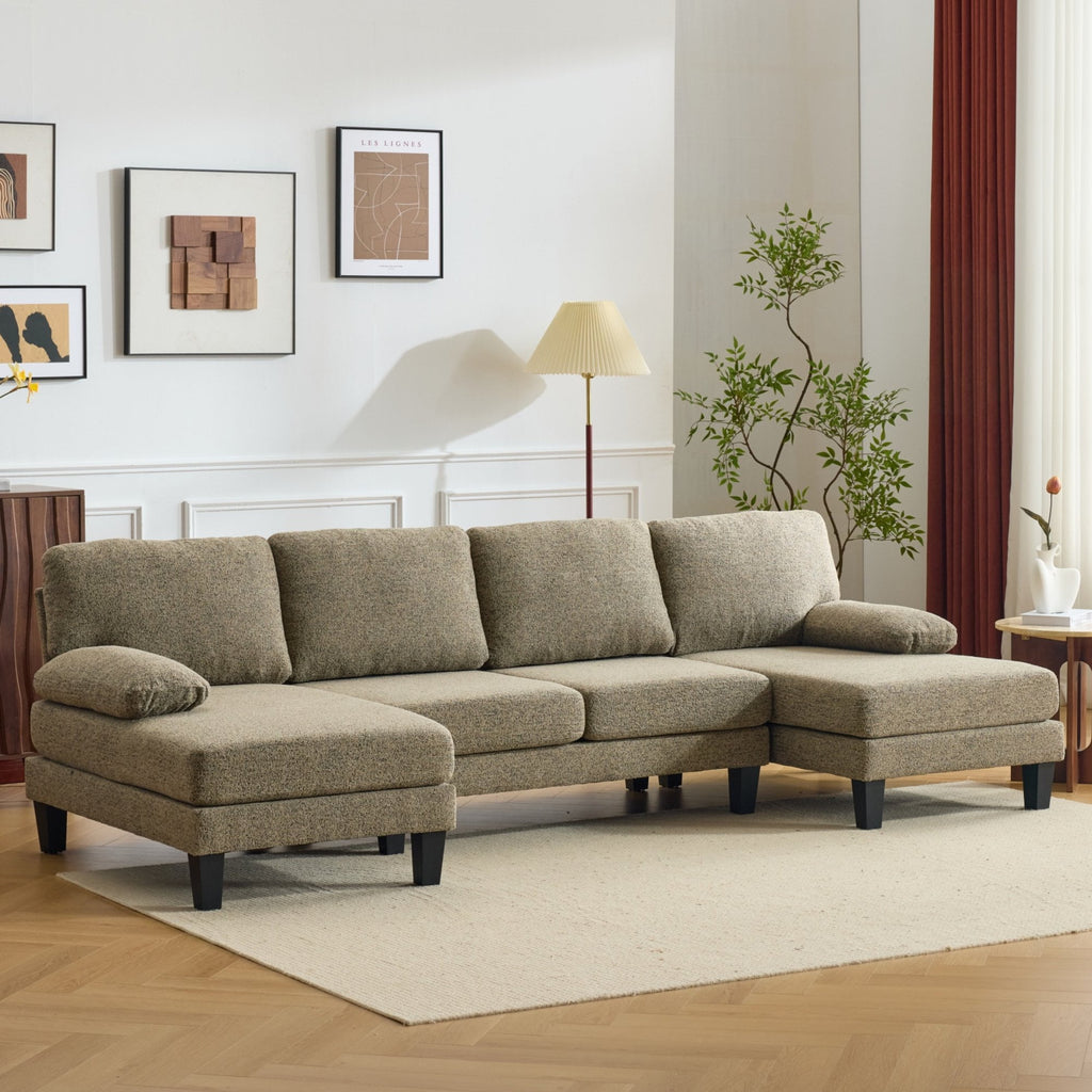 Ktaxon U-Shaped Sectional Sofa Set with Chaise, 4-Seater Blended Chenille Couch for Living Room, Apartment, Easy Assembly Khaki