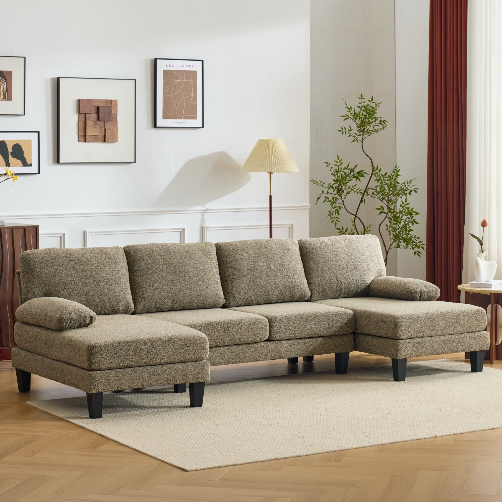 Ktaxon U-Shaped Sectional Sofa Set with Chaise, 4-Seater Blended Chenille Couch for Living Room, Apartment, Easy Assembly Khaki
