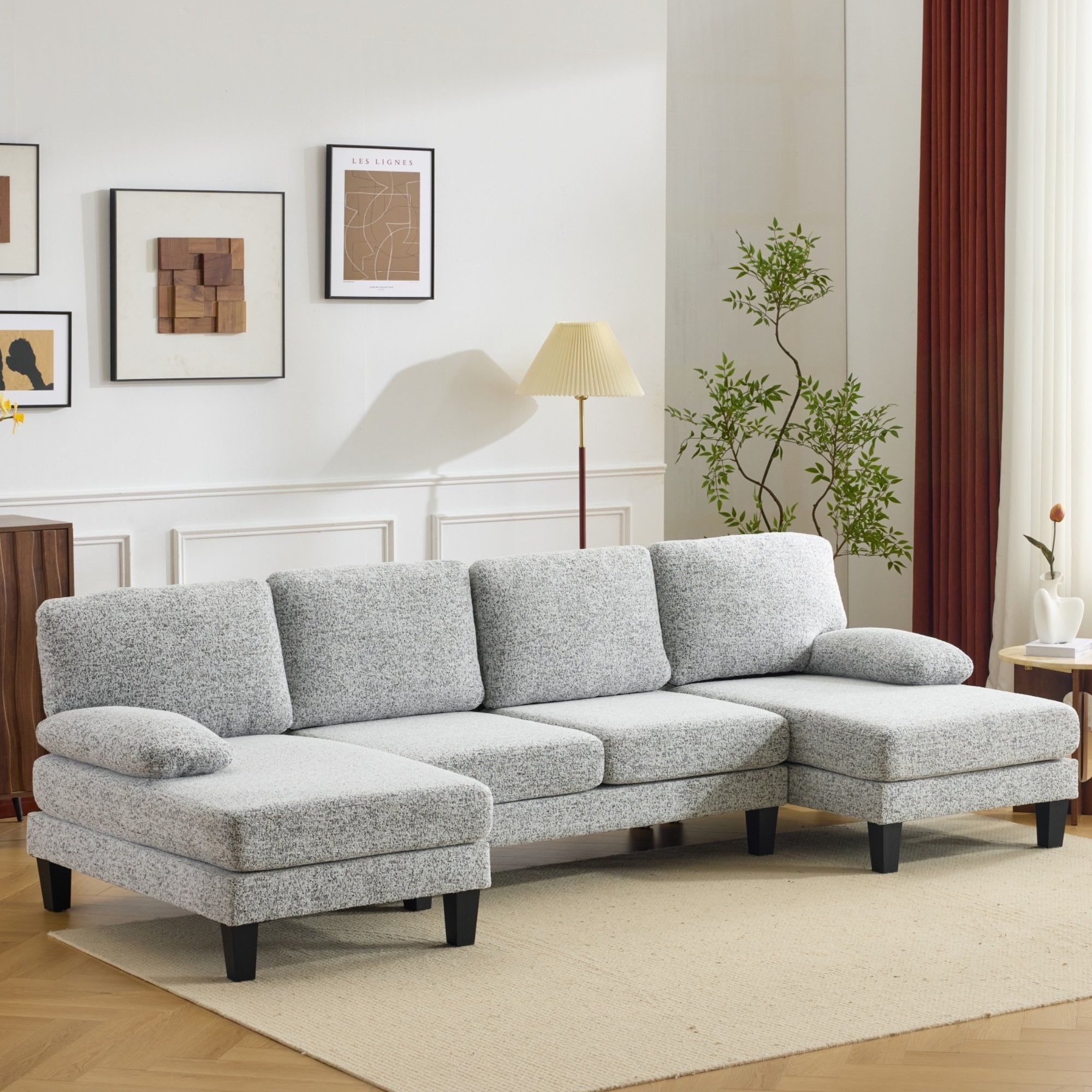 Ktaxon U-Shaped Sectional Sofa Set with Chaise, 4-Seater Blended Chenille Couch for Living Room, Apartment, Easy Assembly Khaki