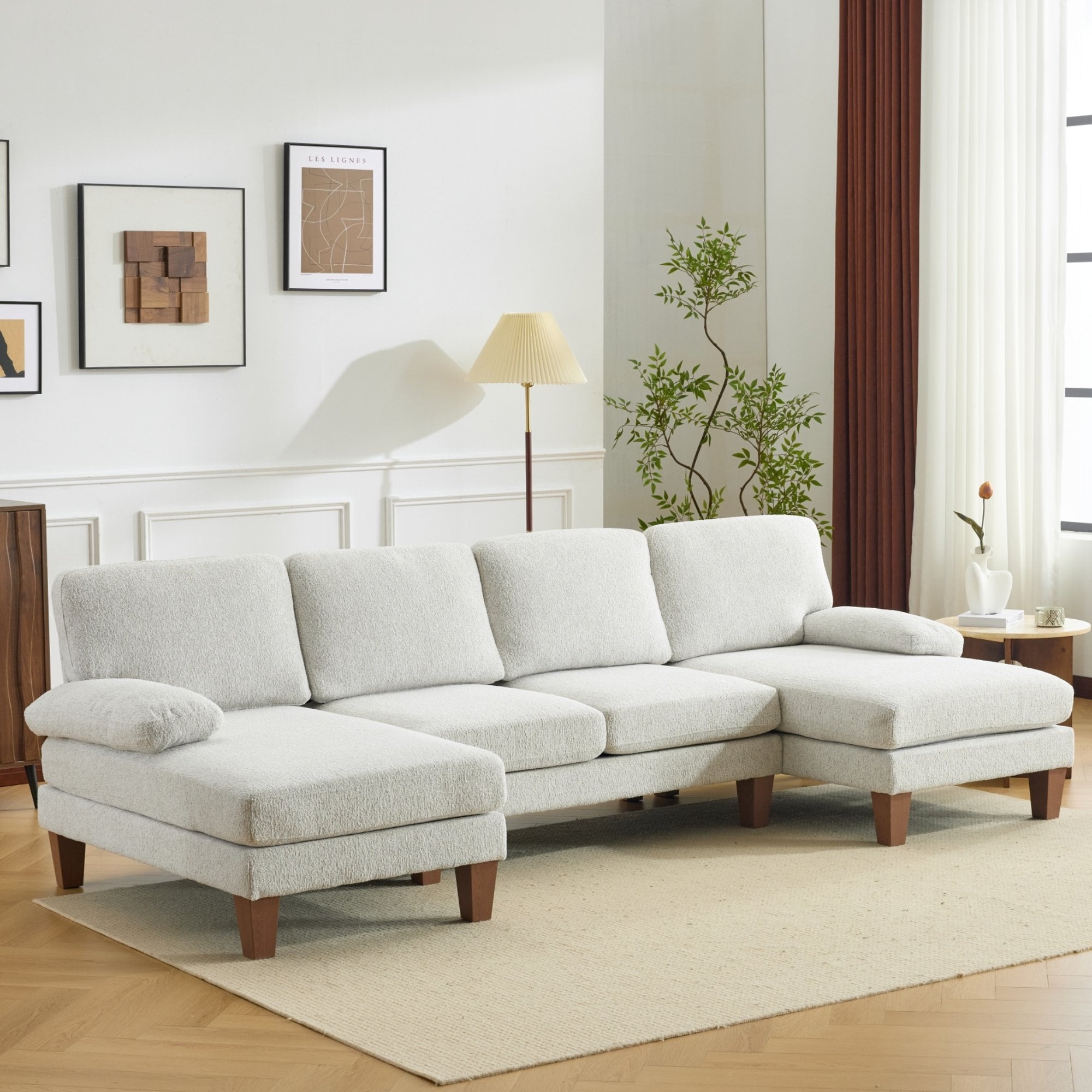 Ktaxon U-Shaped Sectional Sofa Set with Chaise, 4-Seater Blended Chenille Couch for Living Room, Apartment, Easy Assembly Khaki