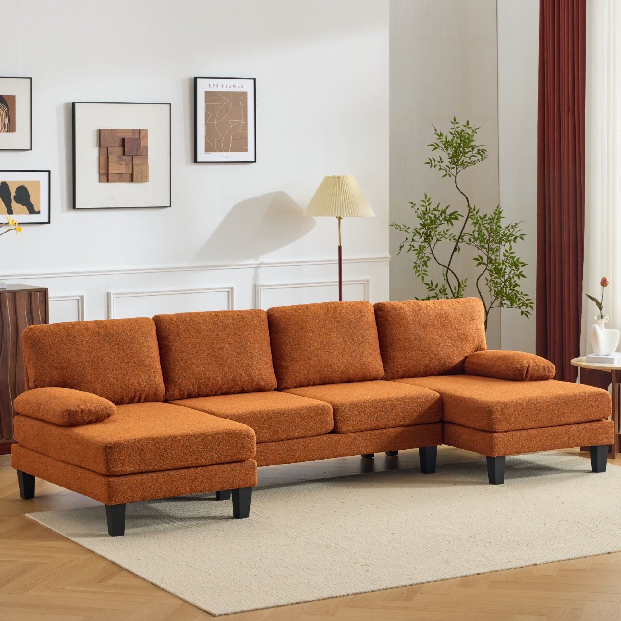 Ktaxon U-Shaped Sectional Sofa Set with Chaise, 4-Seater Blended Chenille Couch for Living Room, Apartment, Easy Assembly Khaki