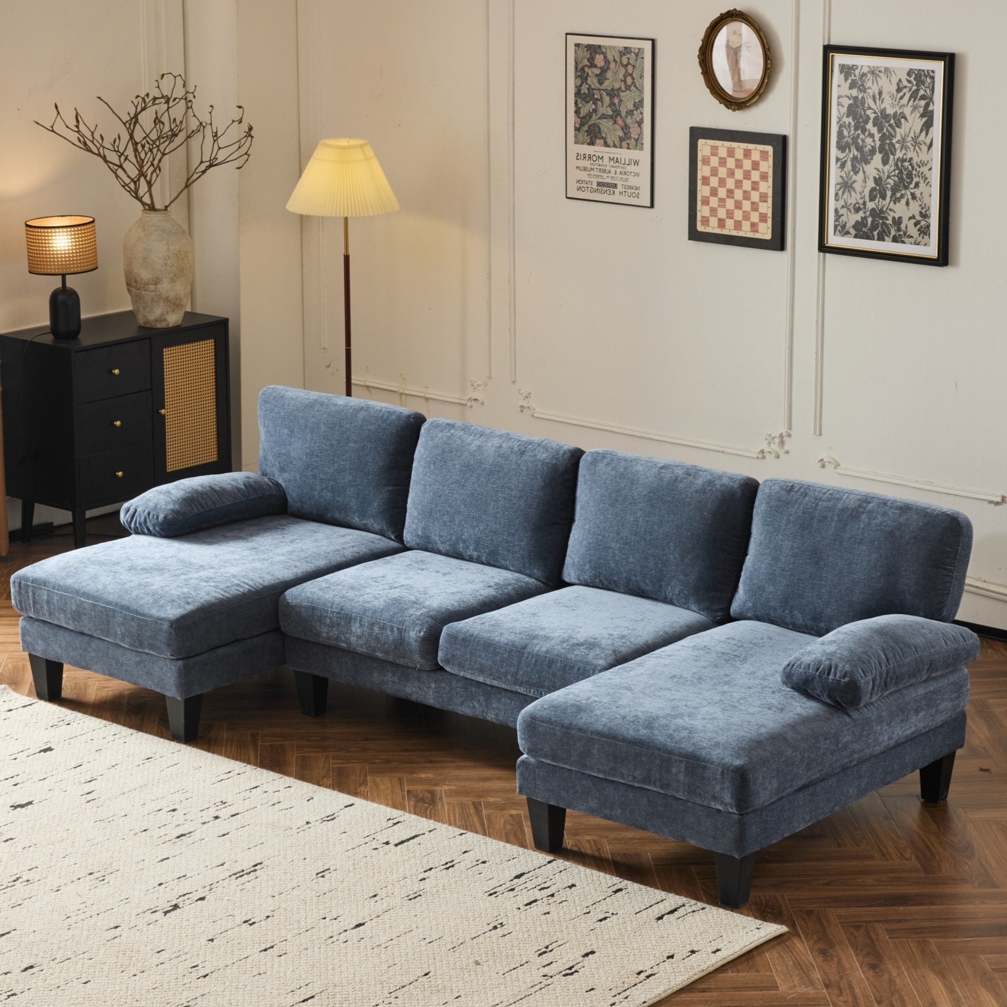 Ktaxon U-Shaped Sectional Sofa, 111  Chenille Couch, 4 Seat Lounge Sleeper with Double Chaise for Living Room Black