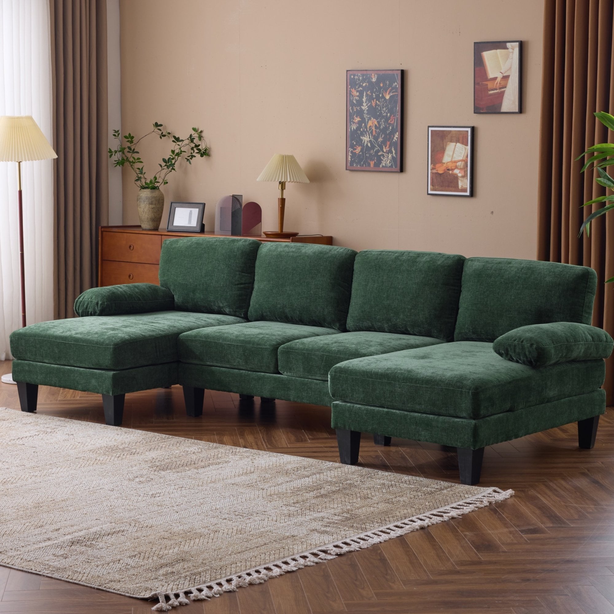 Ktaxon U-Shaped Sectional Sofa, 111  Chenille Couch, 4 Seat Lounge Sleeper with Double Chaise for Living Room Black