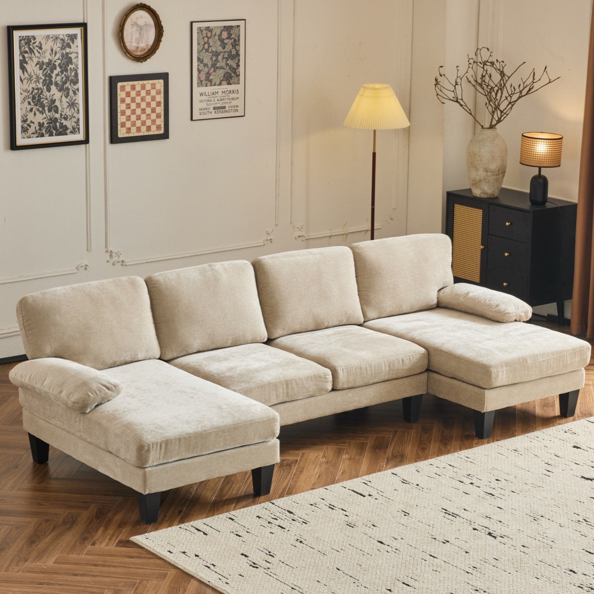 Ktaxon U-Shaped Sectional Sofa, 111  Chenille Couch, 4 Seat Lounge Sleeper with Double Chaise for Living Room Black