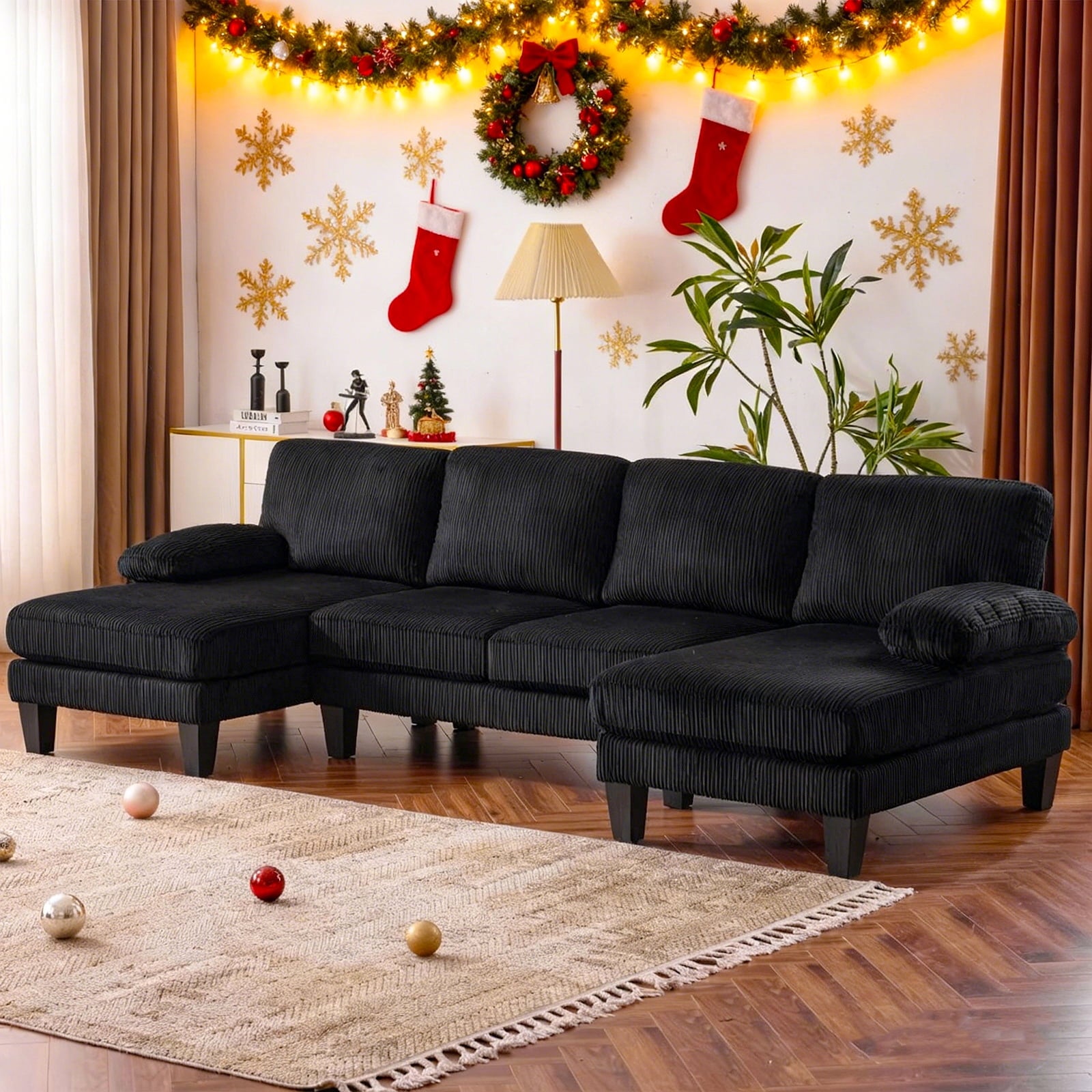 Ktaxon U-Shaped Sectional Sofa, 111  Chenille Couch, 4 Seat Lounge Sleeper with Double Chaise for Living Room Black