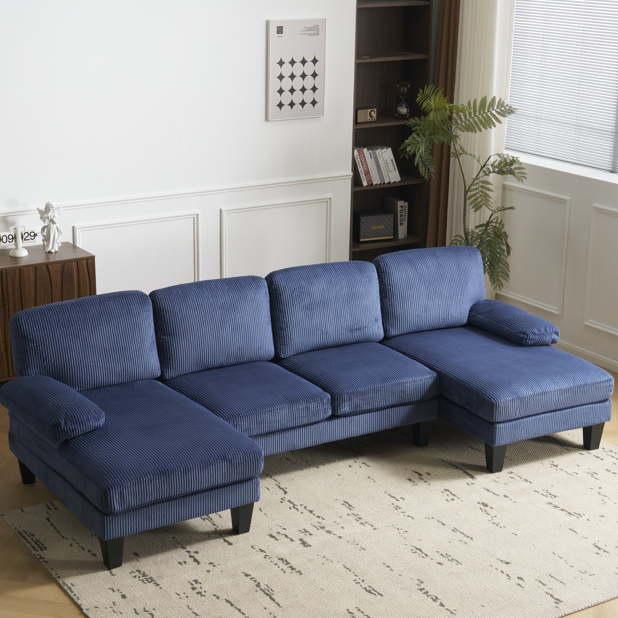 Ktaxon U-Shaped Sectional Sofa, 111  Chenille Couch, 4 Seat Lounge Sleeper with Double Chaise for Living Room Black