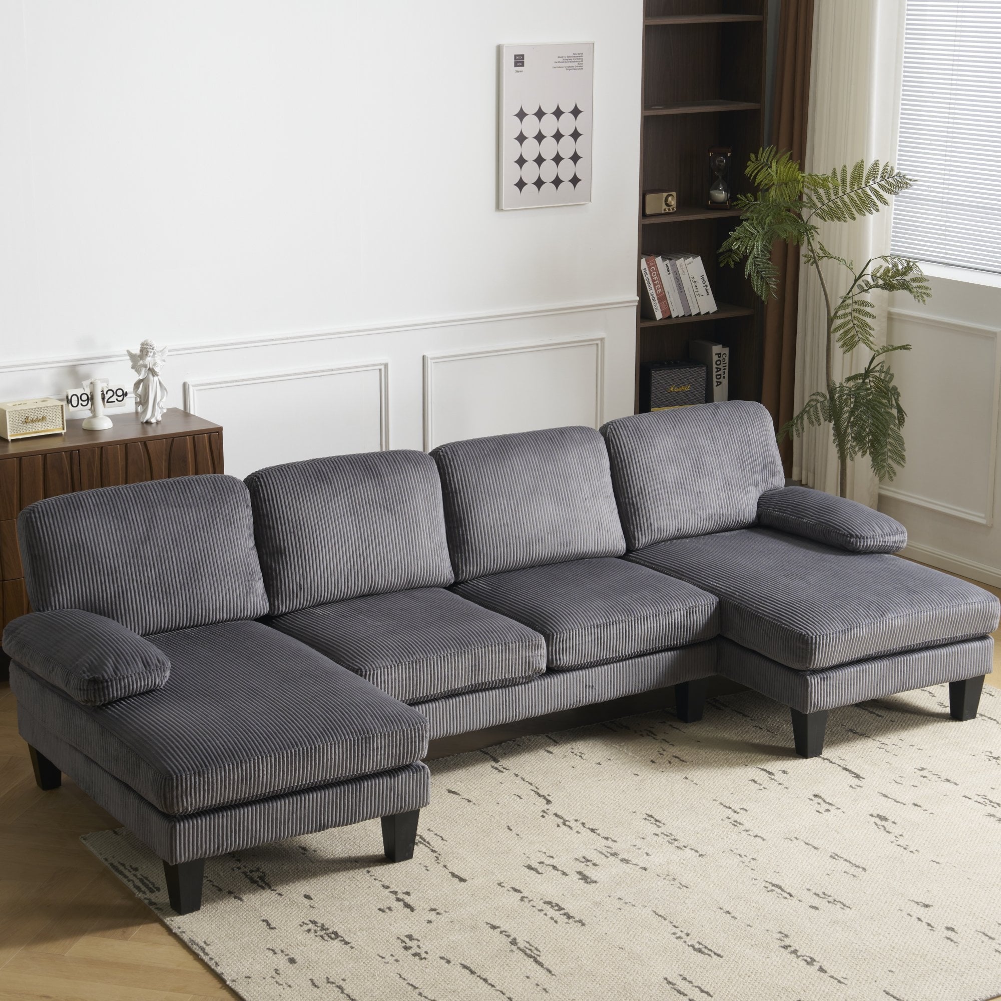 Ktaxon U-Shaped Sectional Sofa, 111  Chenille Couch, 4 Seat Lounge Sleeper with Double Chaise for Living Room Black