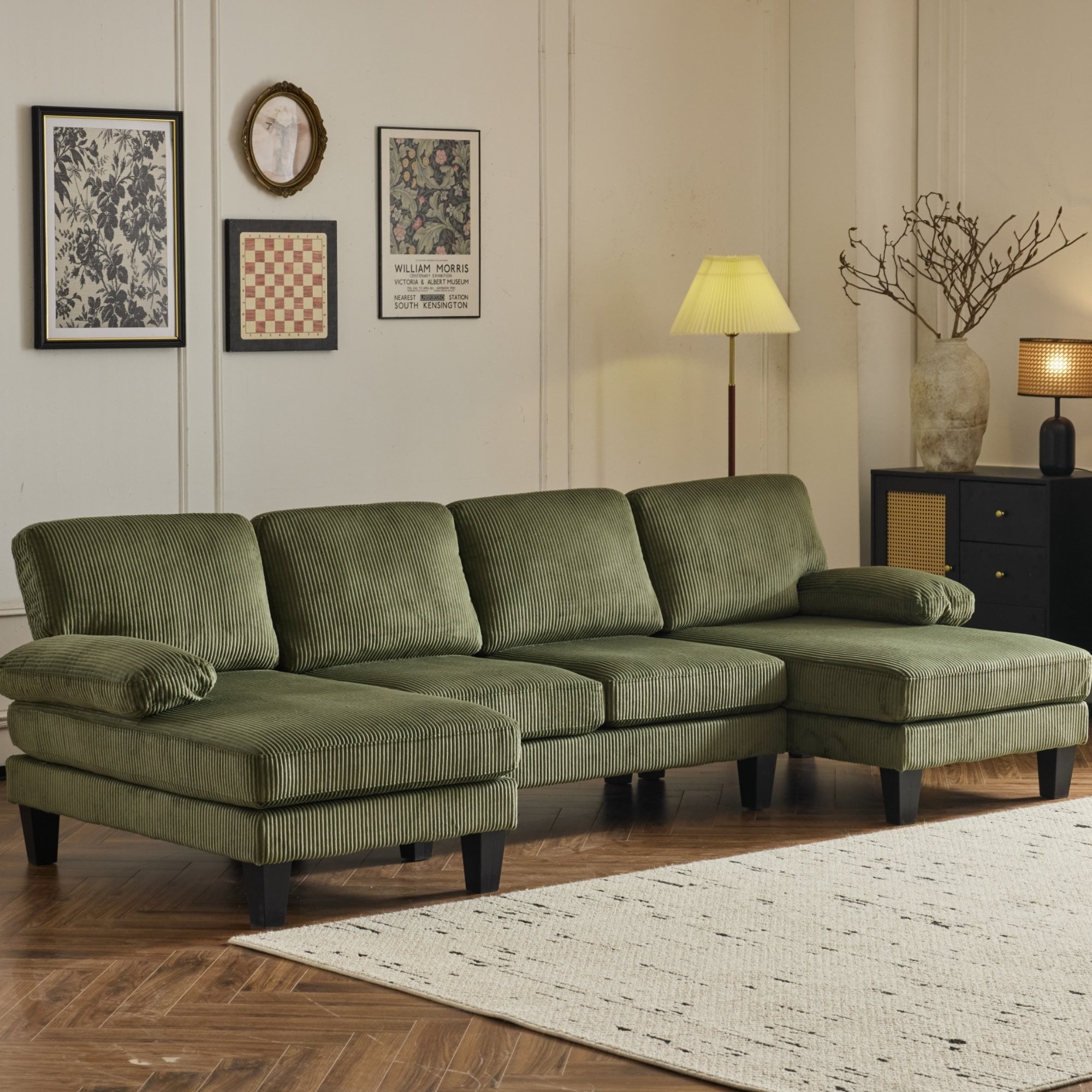 Ktaxon U-Shaped Sectional Sofa, 111  Chenille Couch, 4 Seat Lounge Sleeper with Double Chaise for Living Room Black