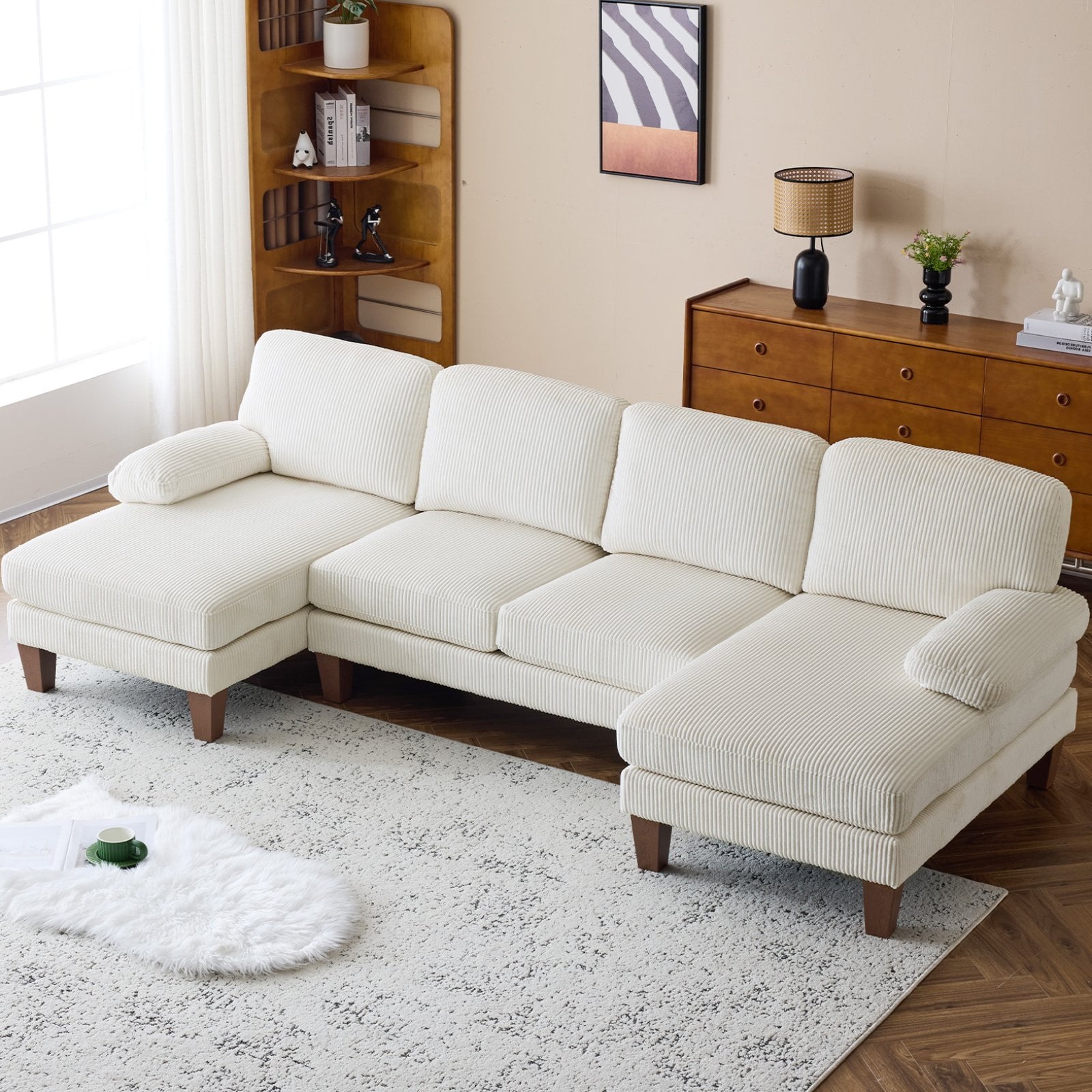 Ktaxon U-Shaped Sectional Sofa, 111  Chenille Couch, 4 Seat Lounge Sleeper with Double Chaise for Living Room Black